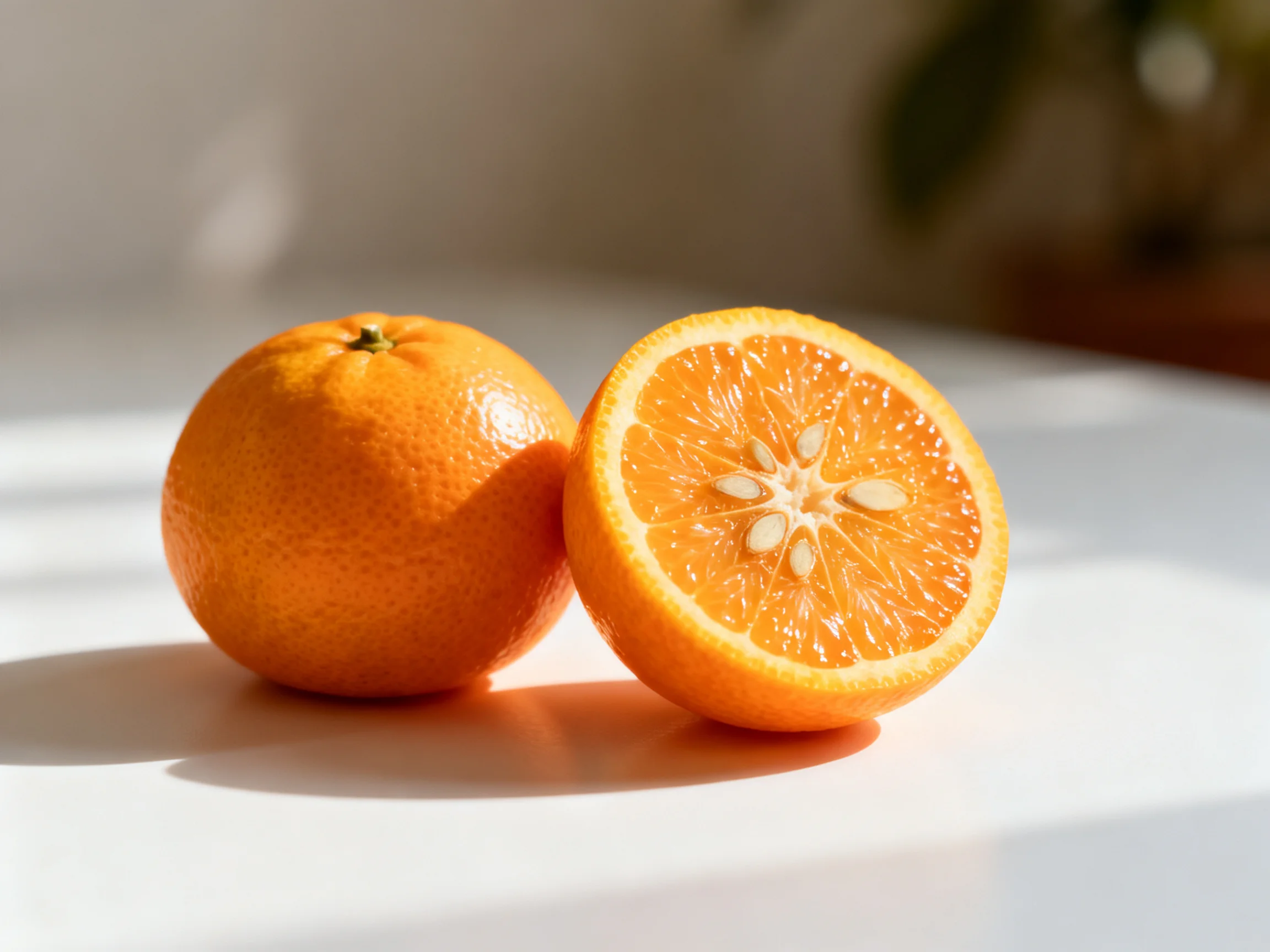 Two vibrant oranges, one whole and one halved, rest on a white surface