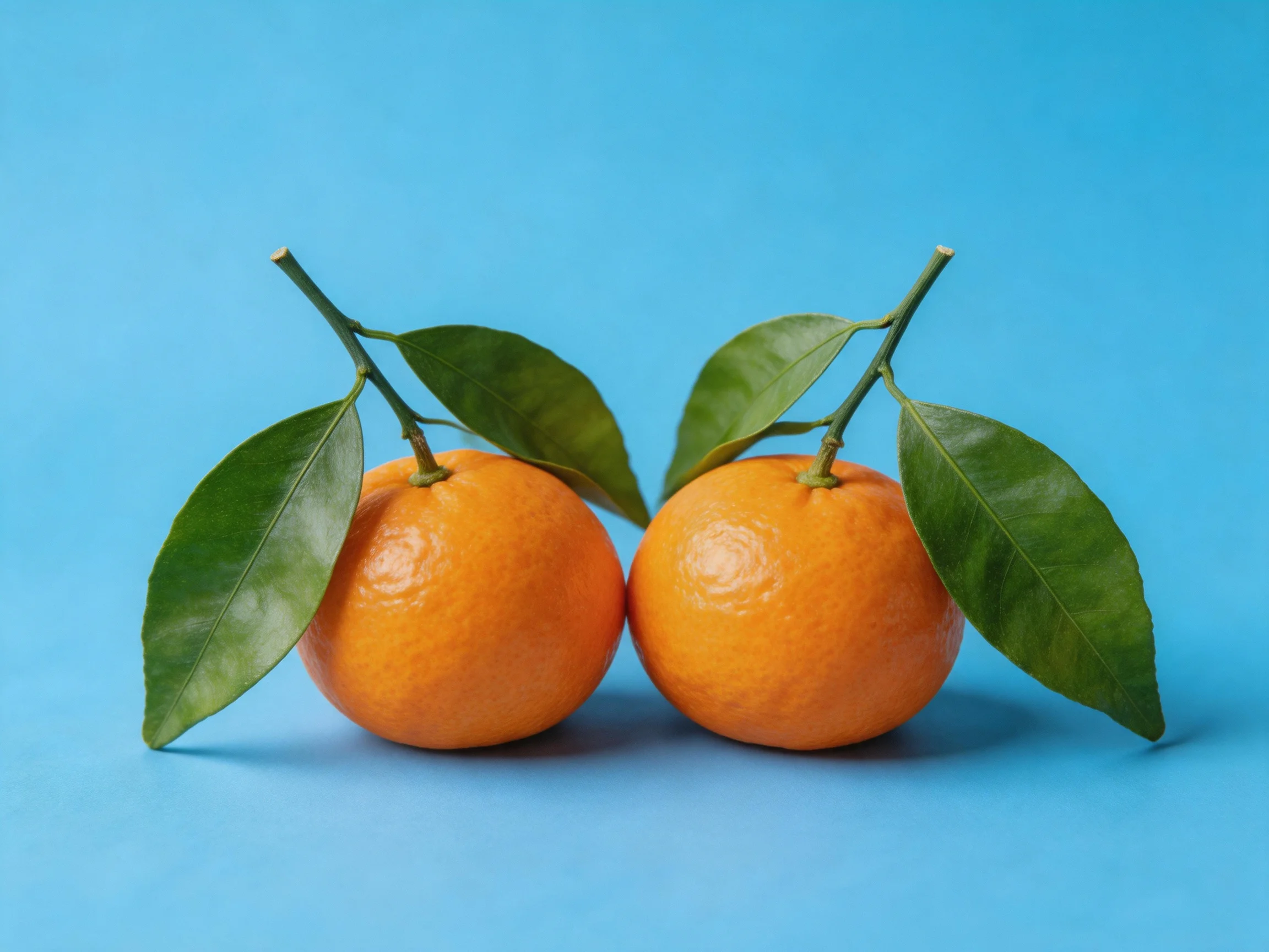 Two vibrant oranges with green leaves against a bright blue backdrop