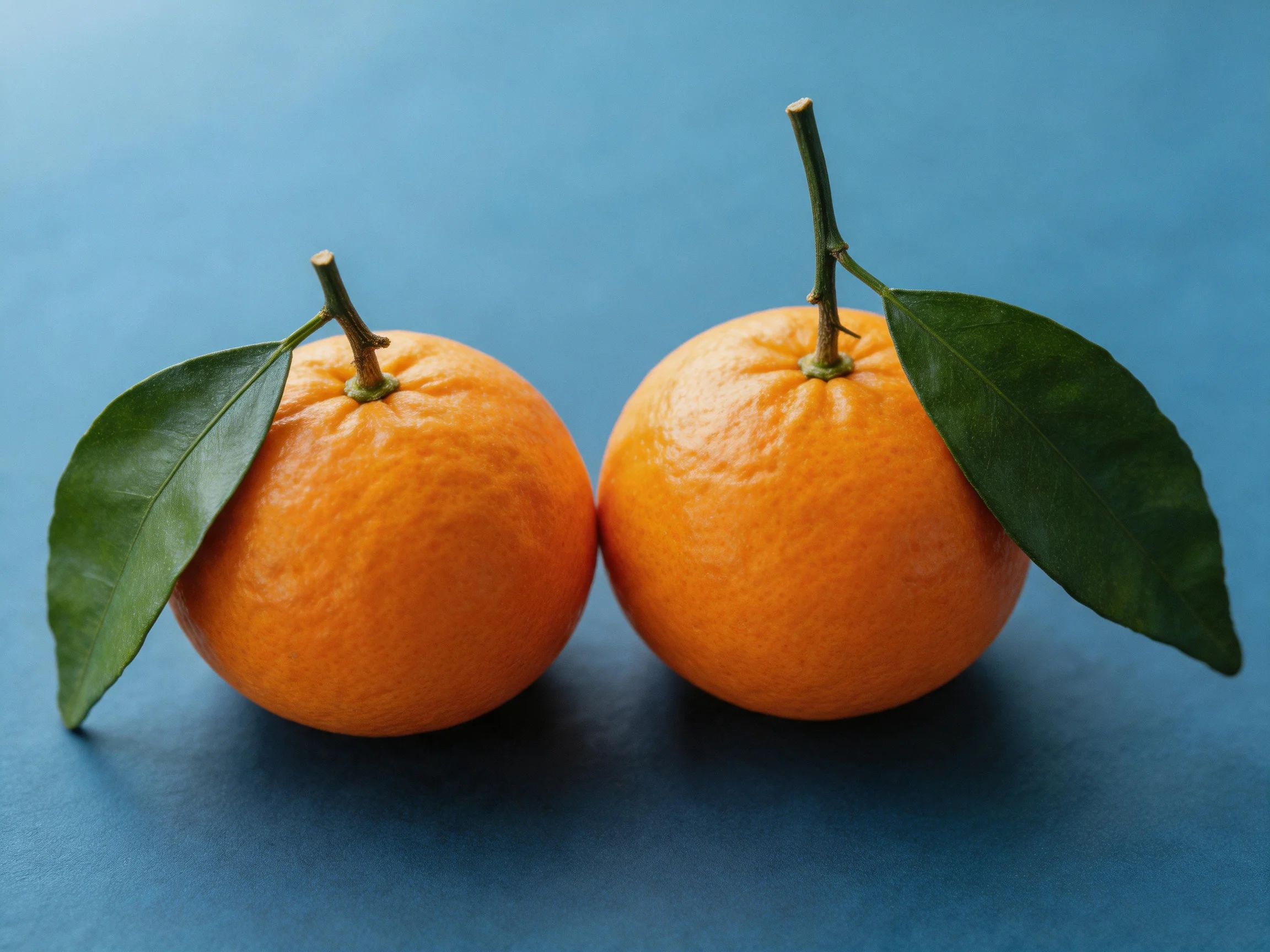 Two vibrant oranges with green leaves on a blue surface