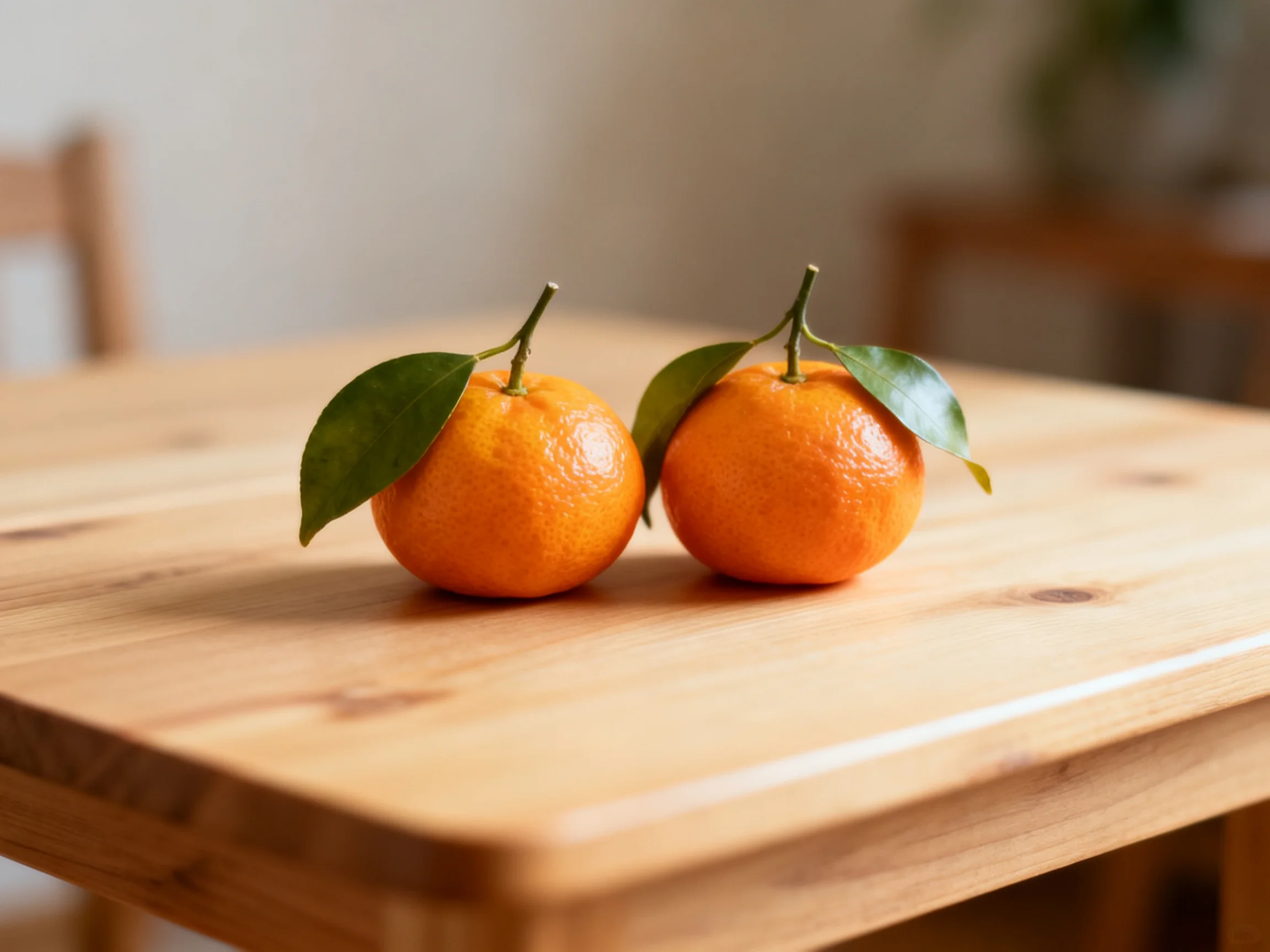 Two oranges with green leaves are displayed on a wooden table.