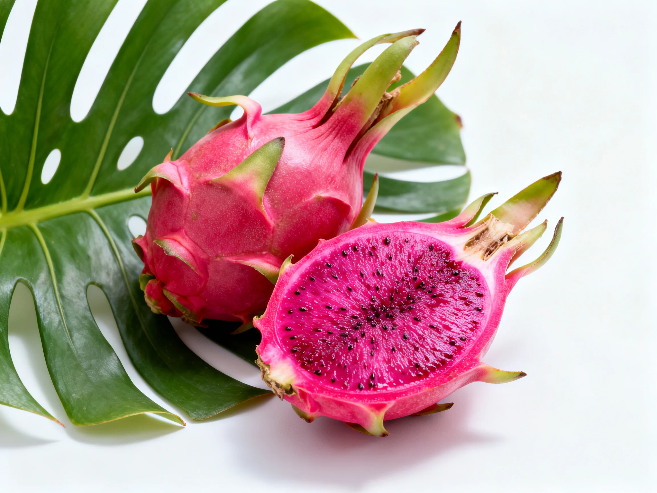 Two vibrant pink dragon fruits beside a large green monstera leaf