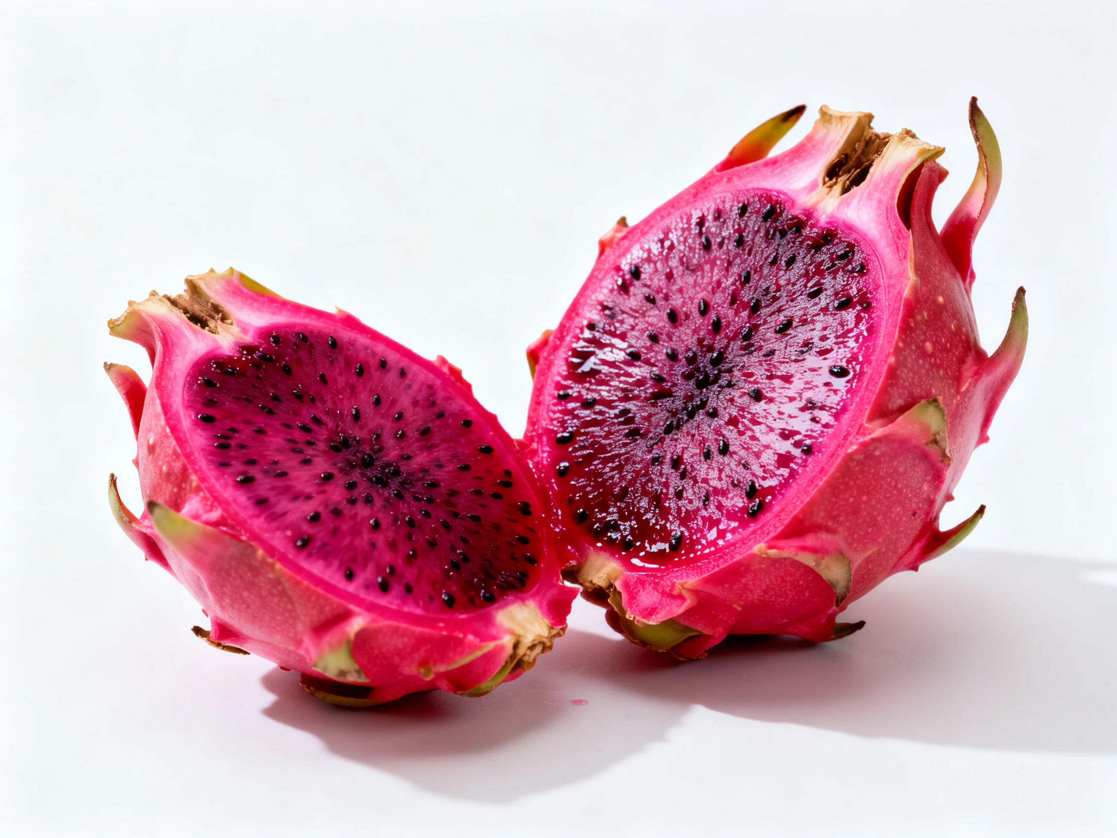 Two vibrant pink dragon fruits cut open, revealing bright interiors