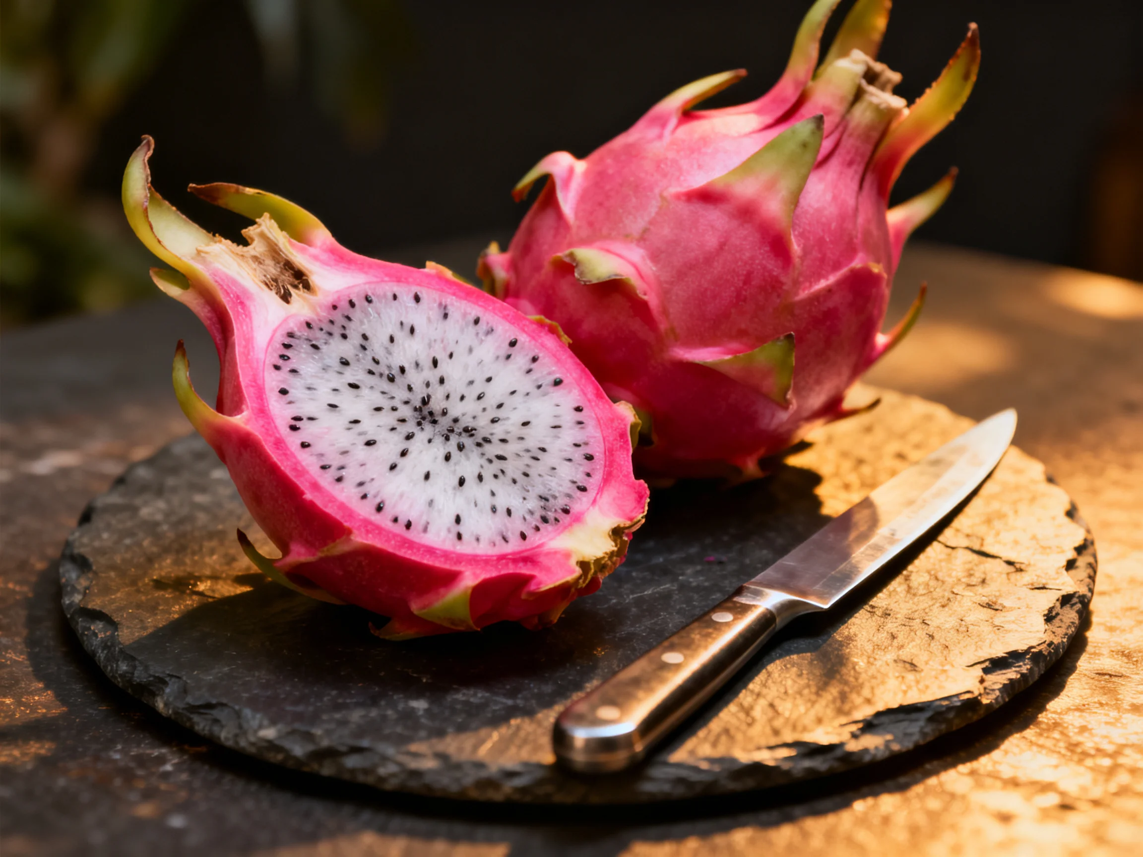 Two vibrant pink dragon fruits on a slate platter with a knife