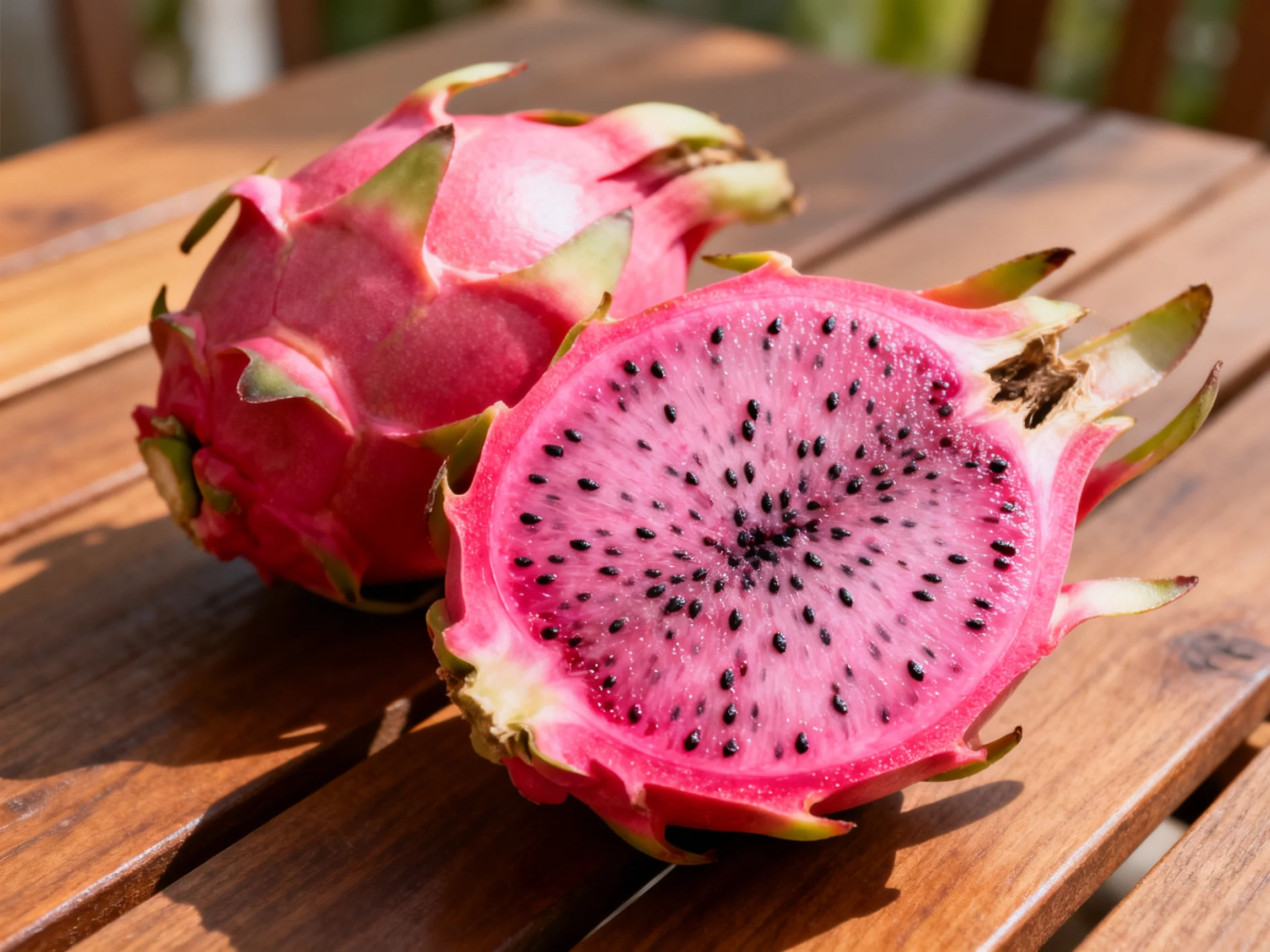 Two vibrant pink dragon fruits, one sliced, rest on a wooden table.