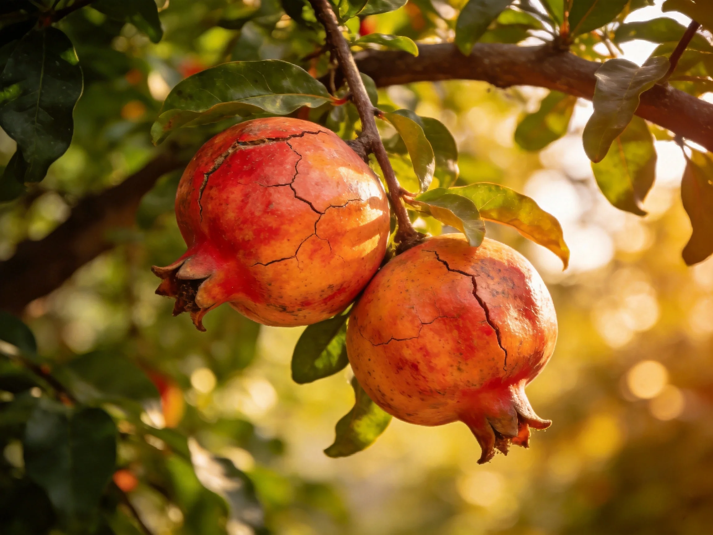 Two vibrant pomegranates dangle from a tree branch amid lush green leaves