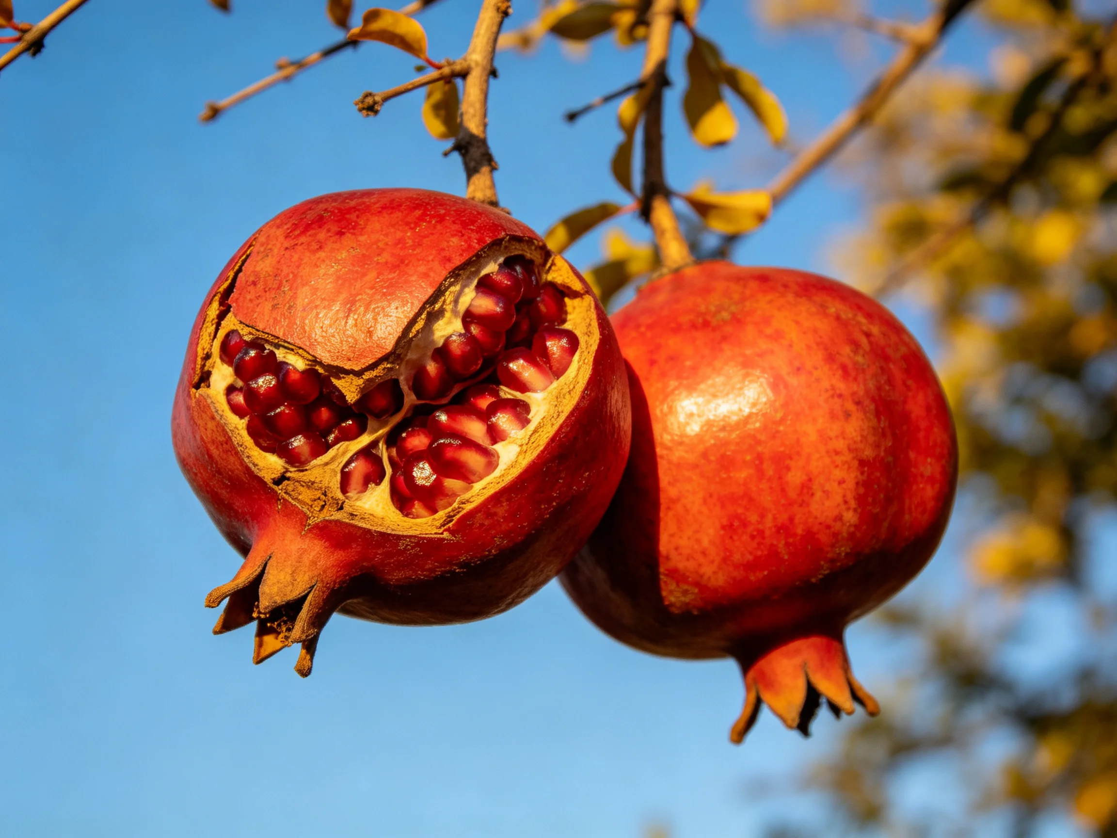 Two vibrant pomegranates hang from a branch against a clear blue sky
