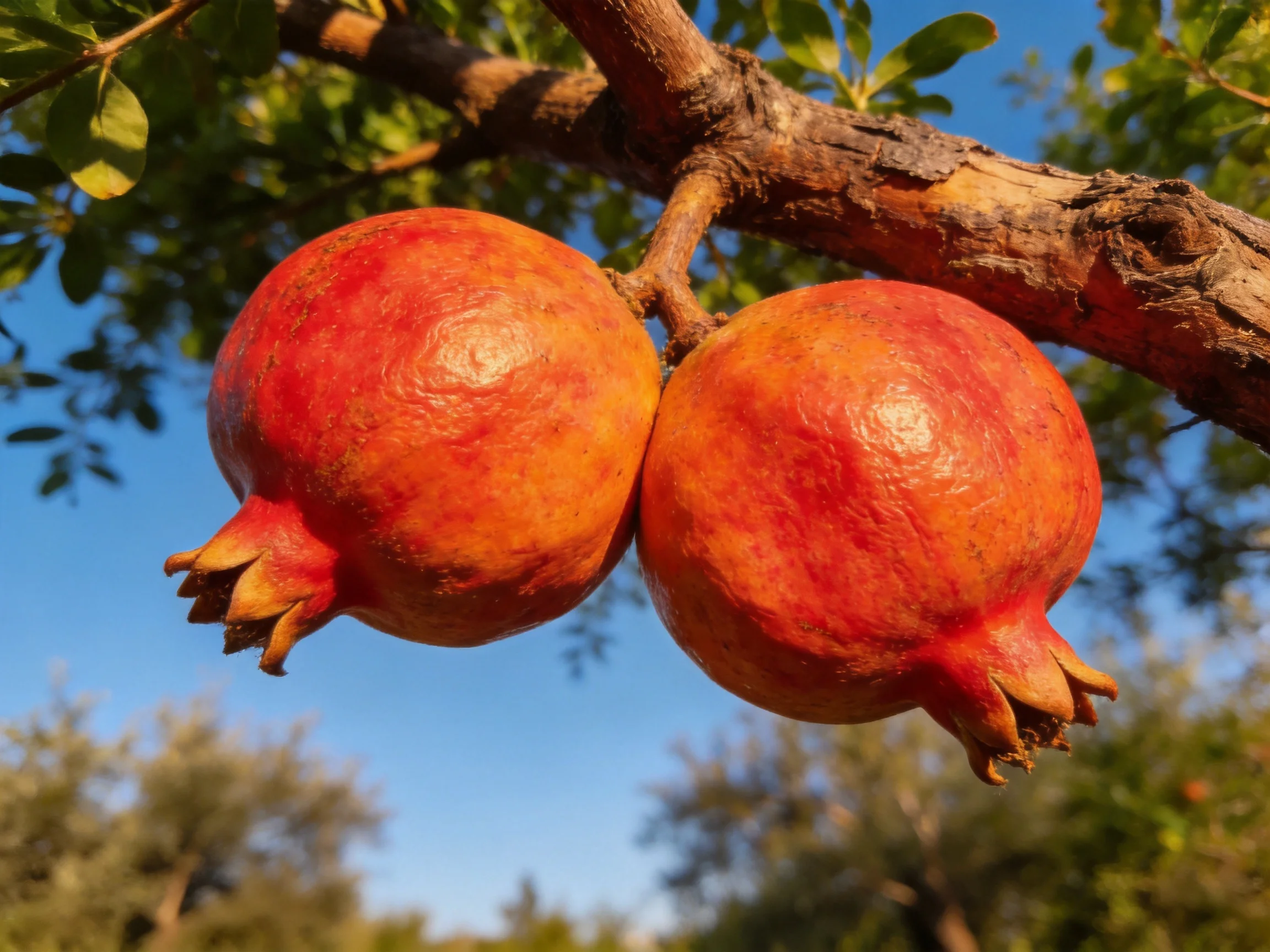 Two vibrant pomegranates hang from a gnarled tree branch