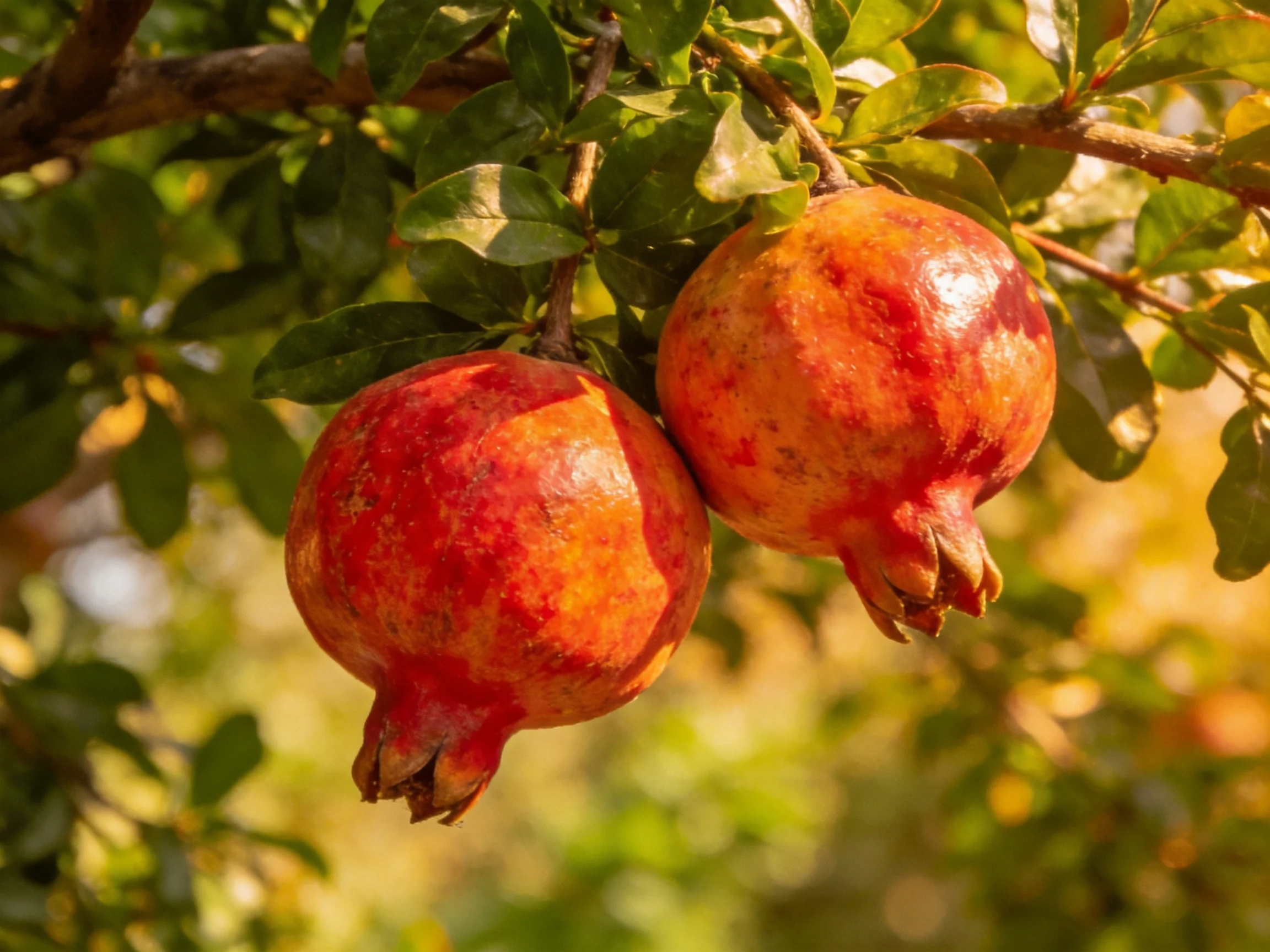 Two vibrant pomegranates hang from a tree branch among green foliage