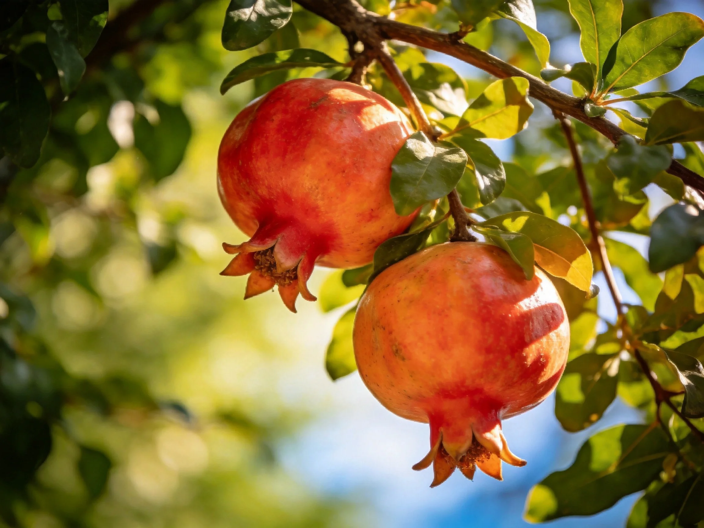 Two vibrant pomegranates hang from a tree branch surrounded by green foliage