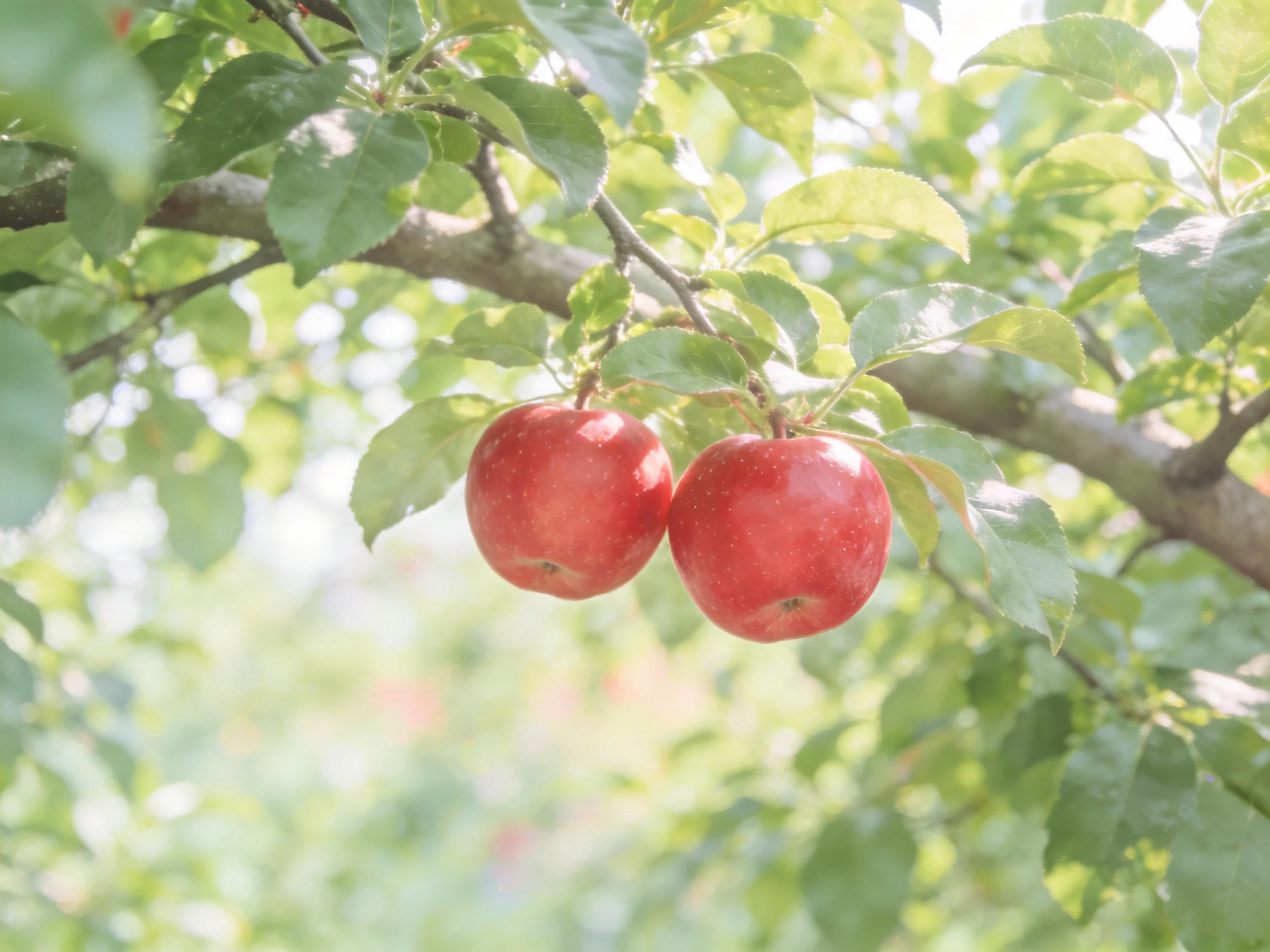 Two vibrant red apples hang from a leafy apple tree branch