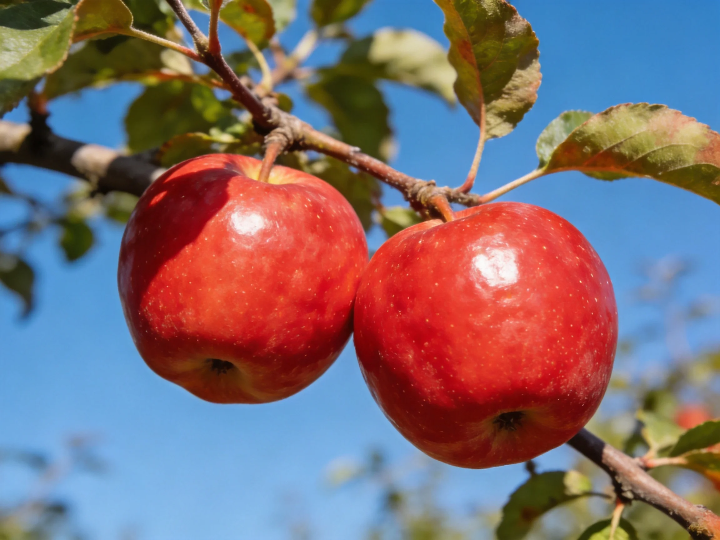 Two vibrant red apples hang from a tree branch against a clear blue sky