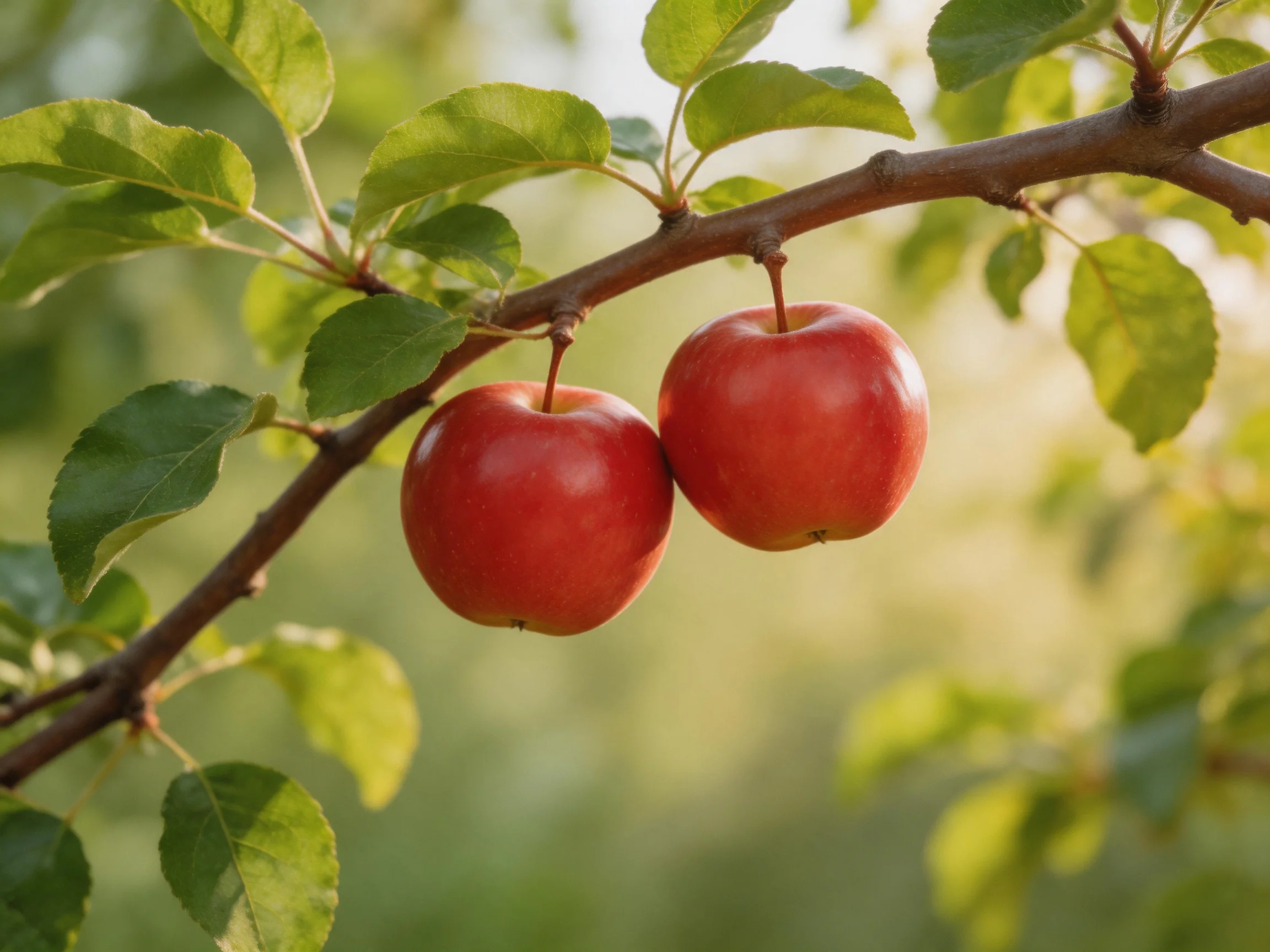 Two vibrant red apples hang from a tree branch amid lush green foliage