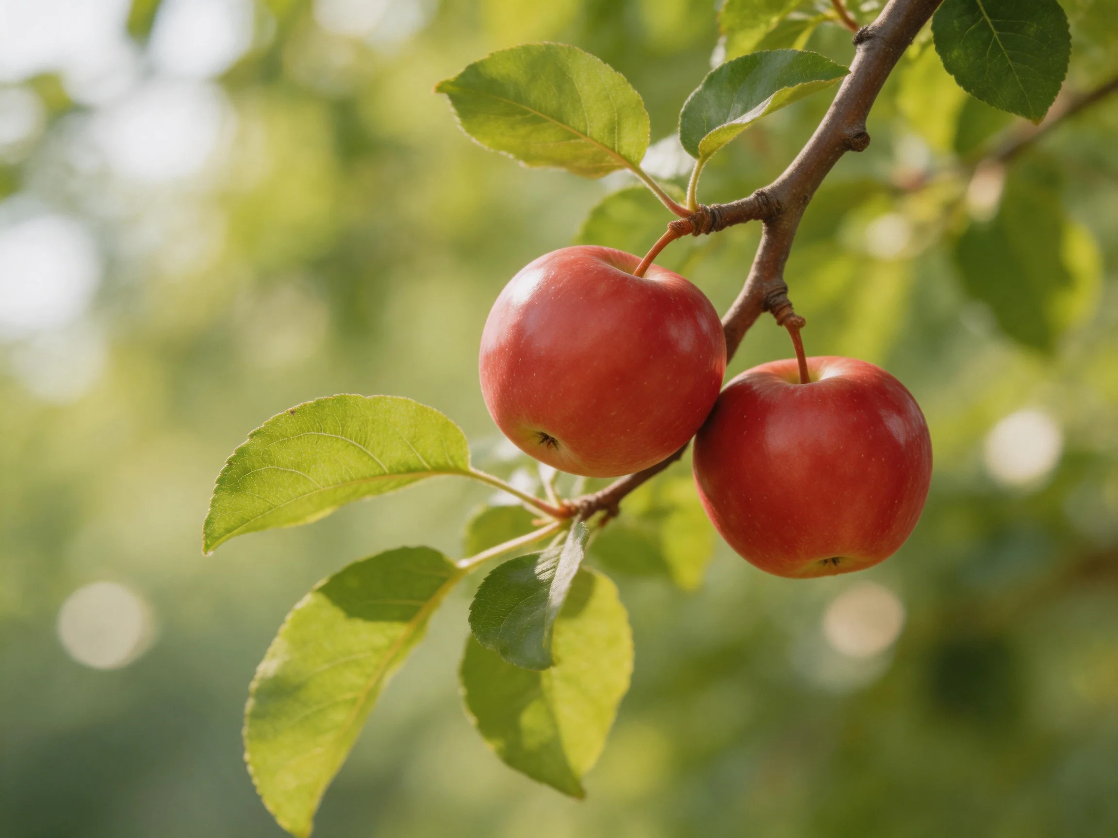 Two vibrant red apples hang from a tree branch amid lush green foliage