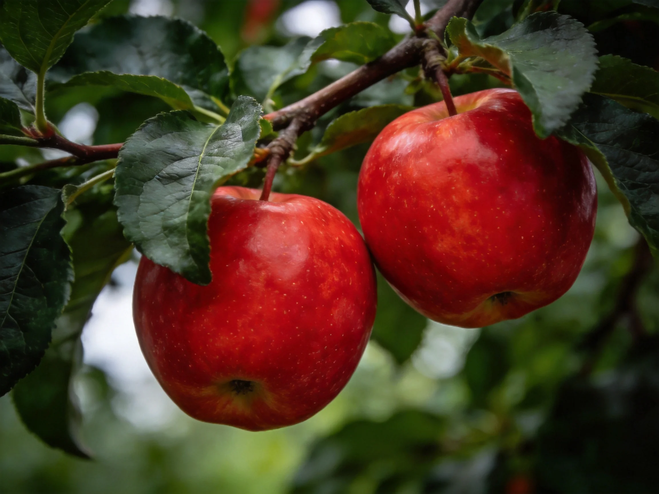 Two vibrant red apples hang from a tree branch amid lush green leaves