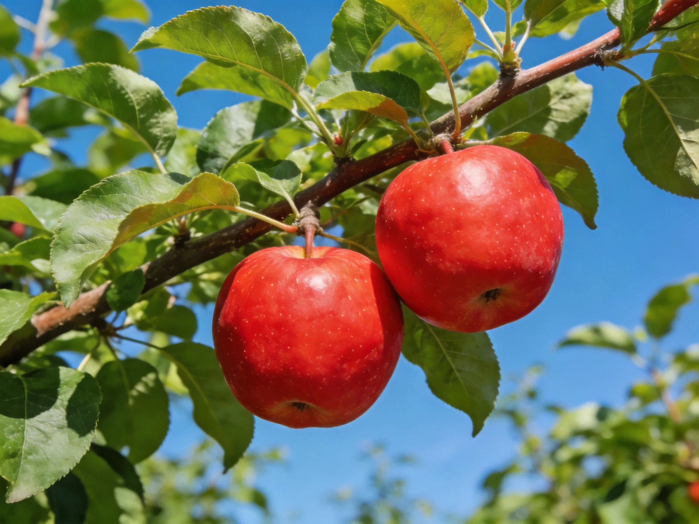 Two vibrant red apples hang from a tree branch amidst green foliage