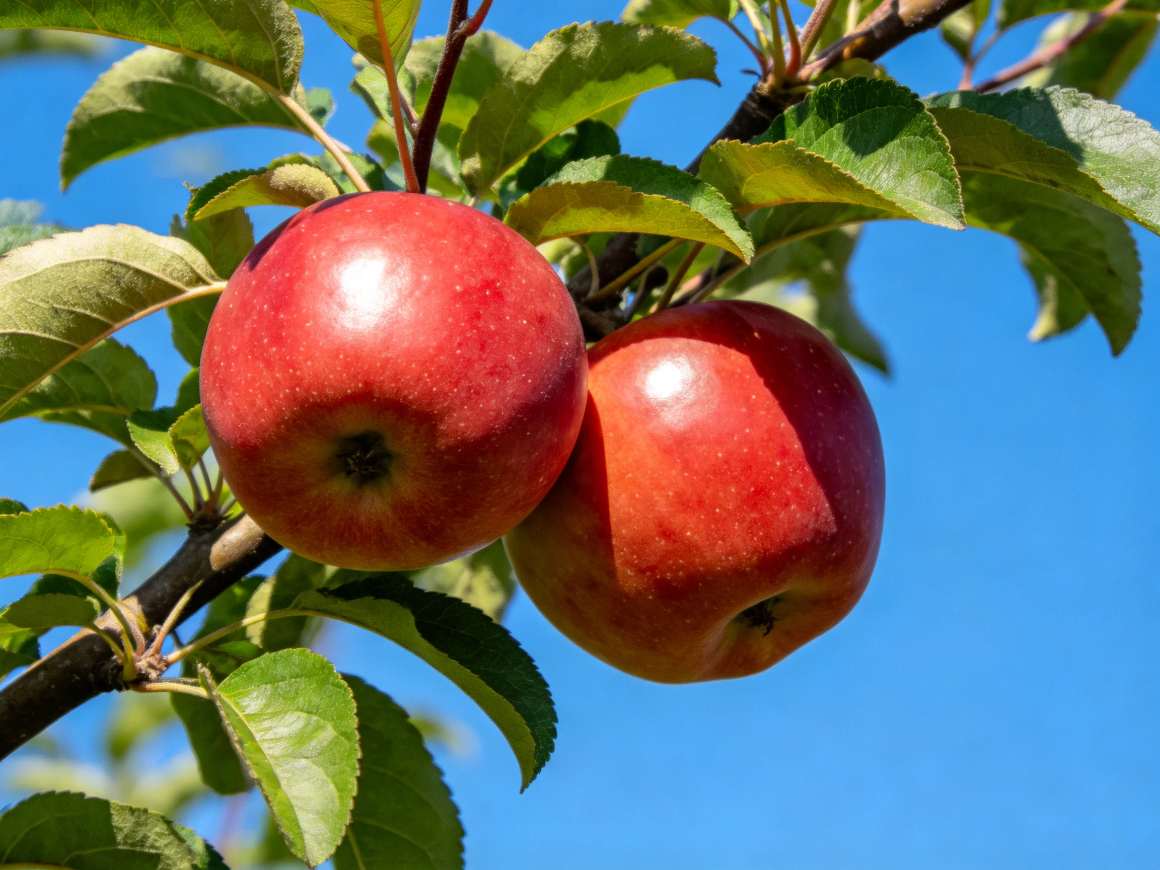 Two vibrant red apples hang from a tree branch with green foliage