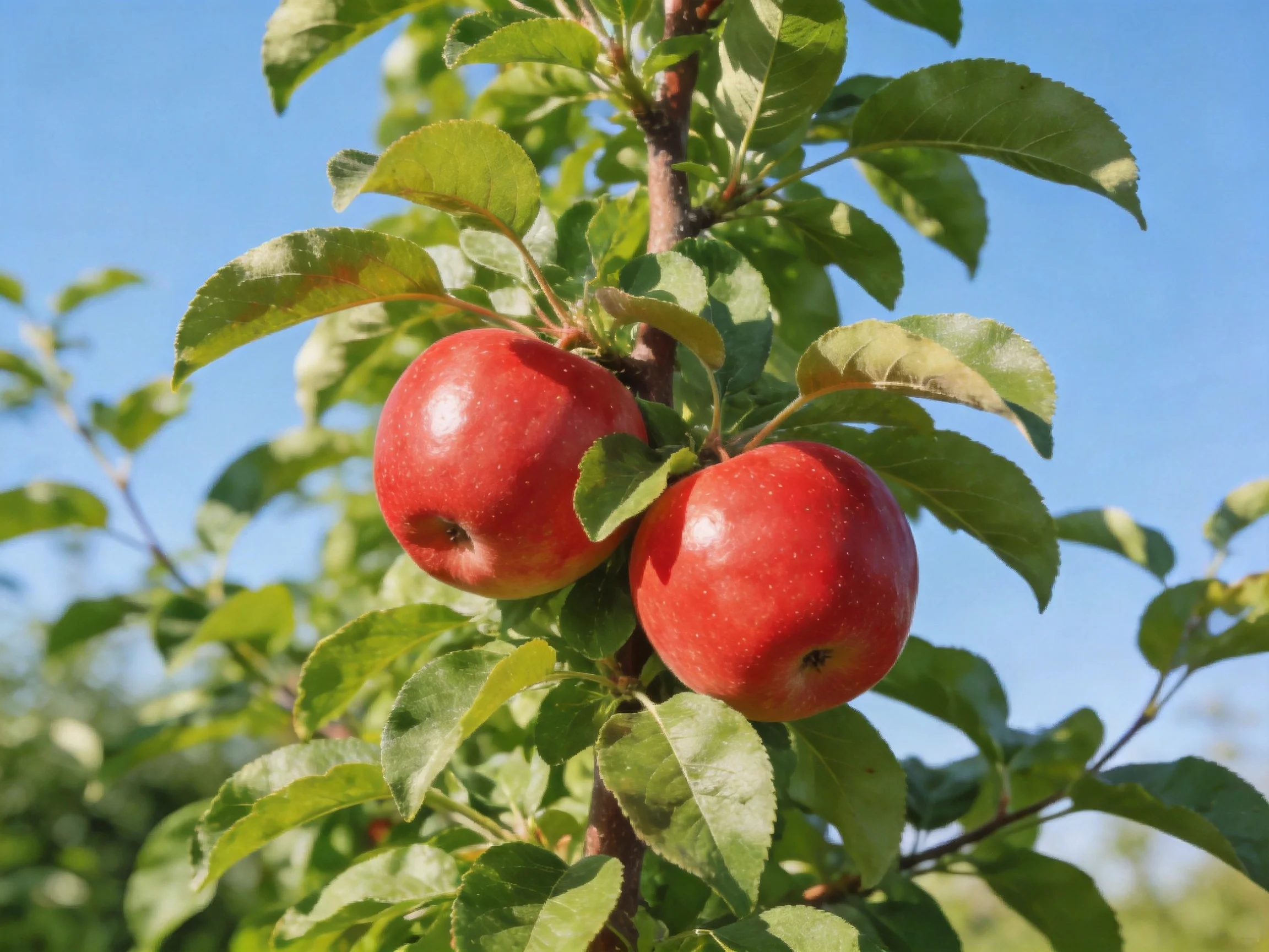 Two vibrant red apples hang from a tree with lush green foliage