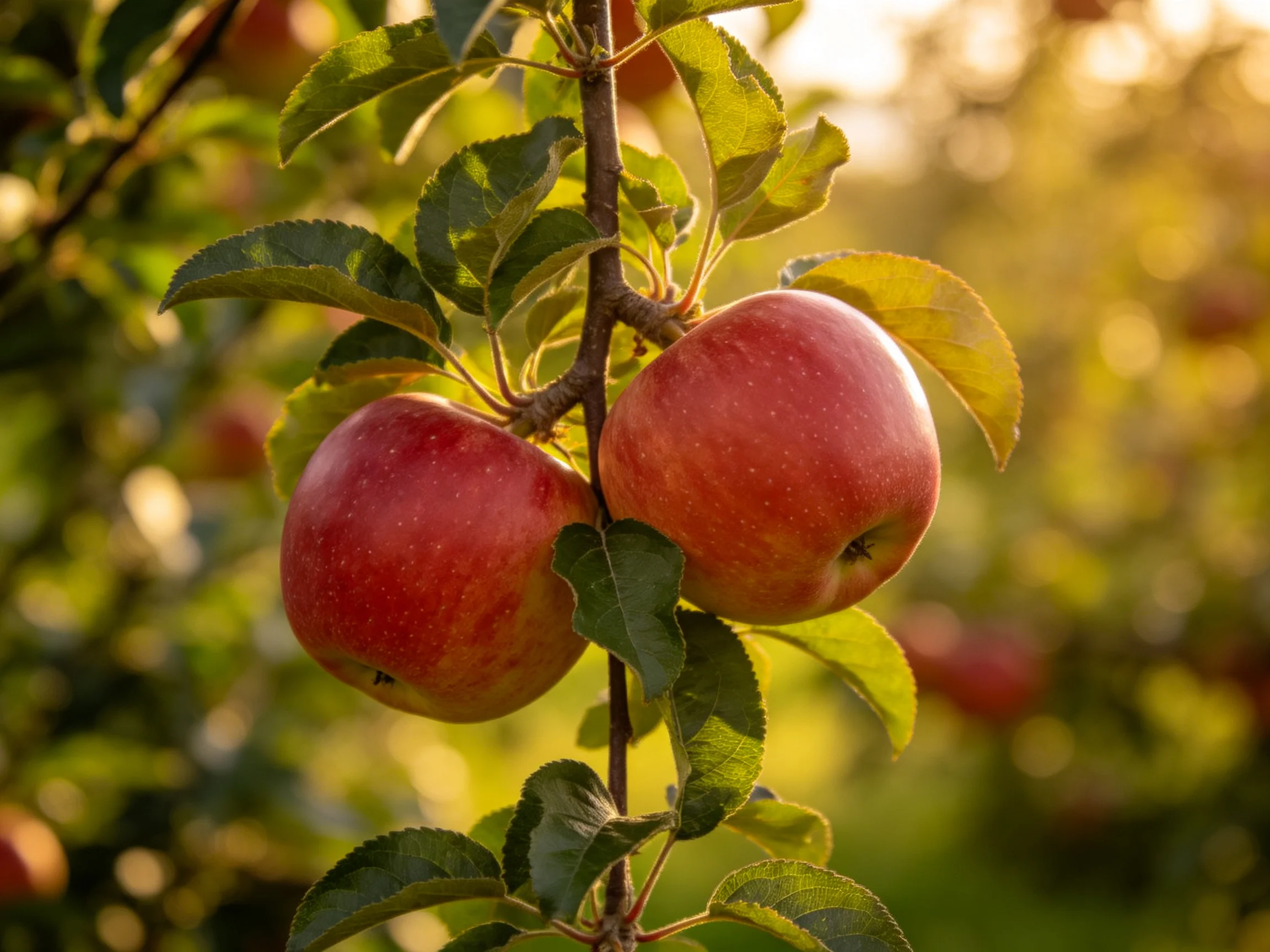 Two vibrant red apples hang from an apple tree bathed in golden sunlight