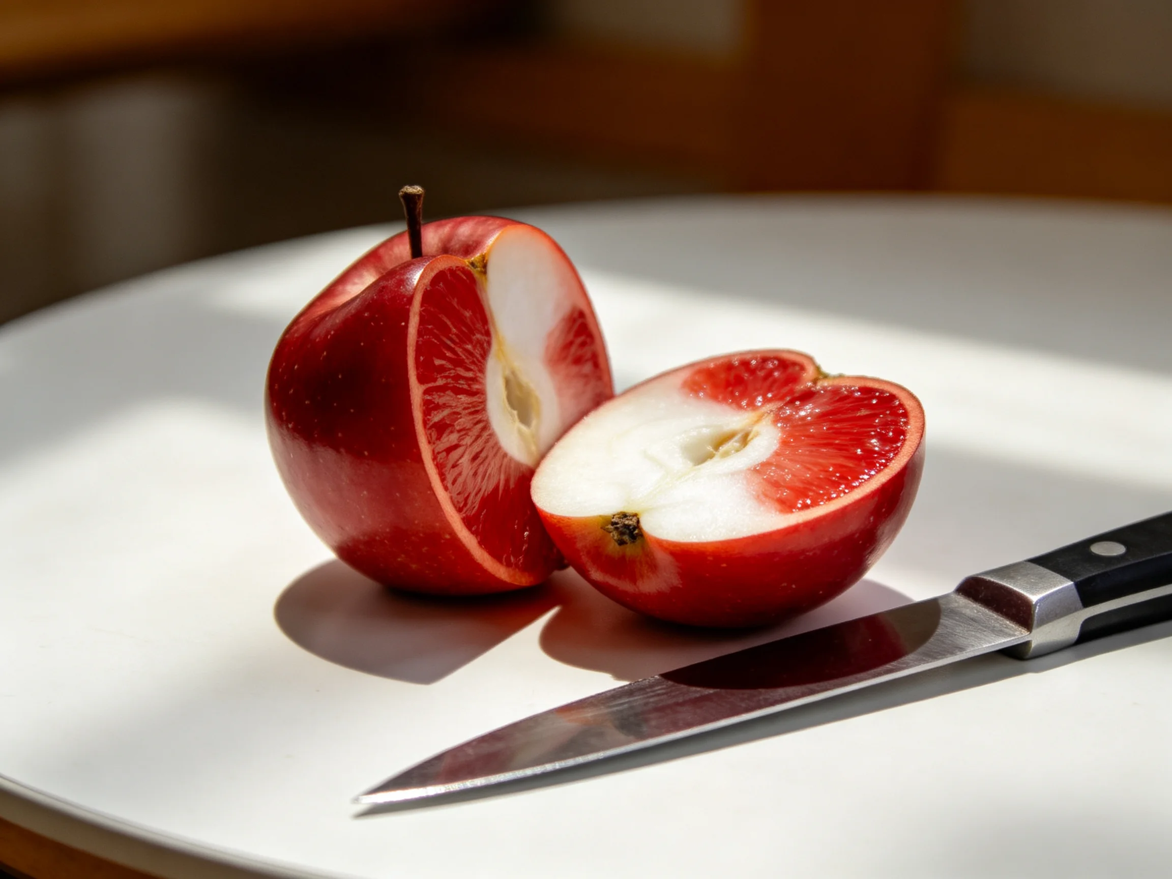 Two vibrant red apples, one halved, sit next to a knife on a white plate
