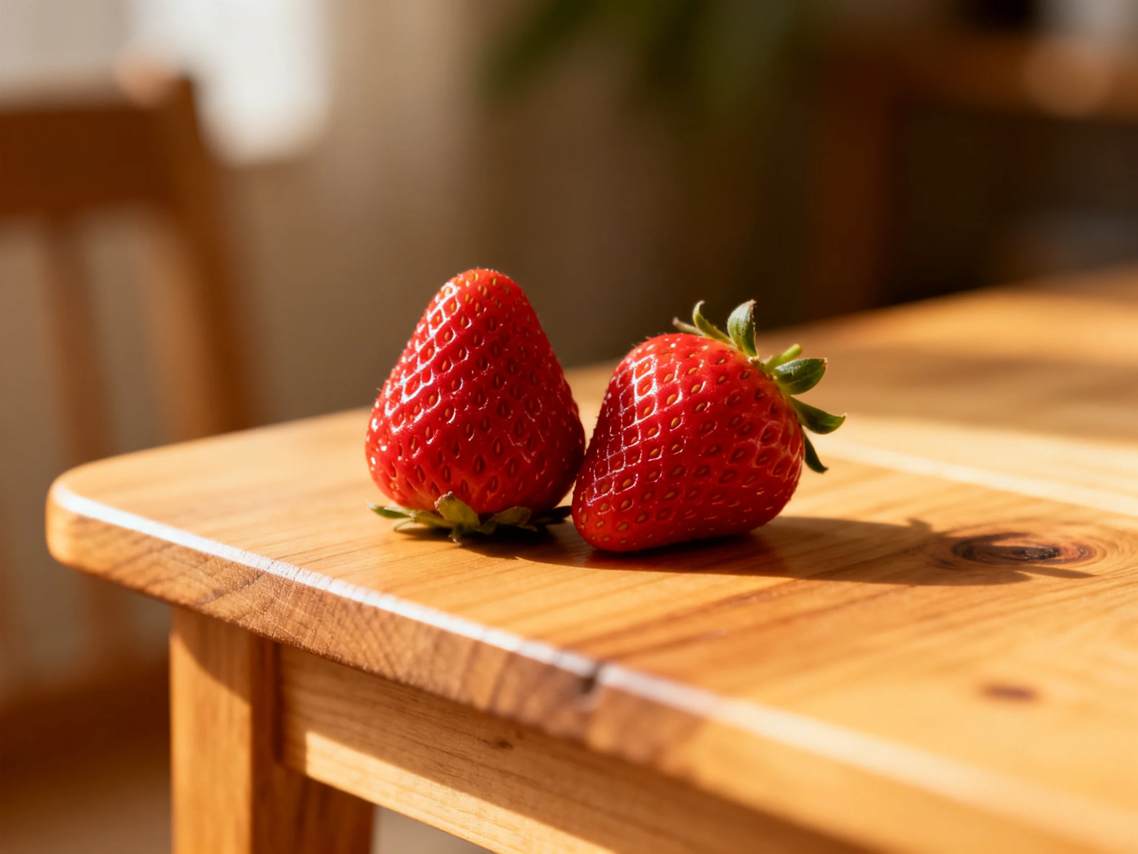Two vibrant red strawberries rest on a polished wooden table
