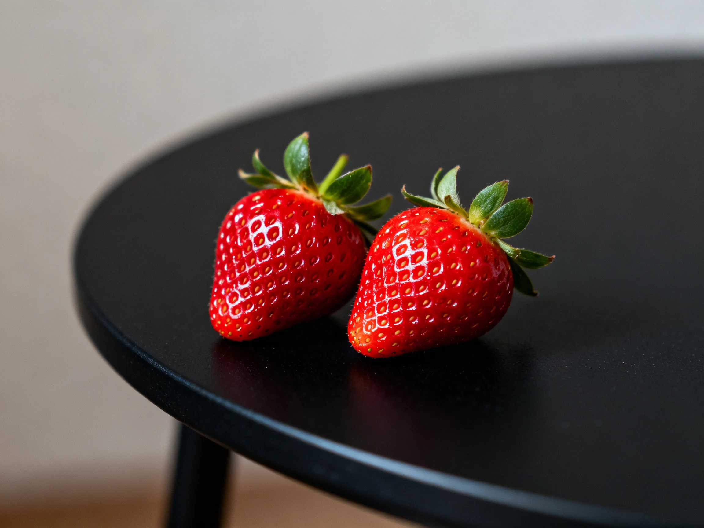 Two vibrant red strawberries rest on a sleek black round table
