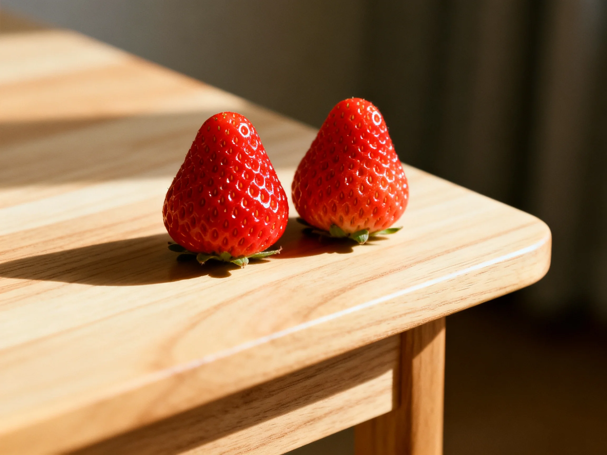 Two vibrant red strawberries sit on a polished wooden table.