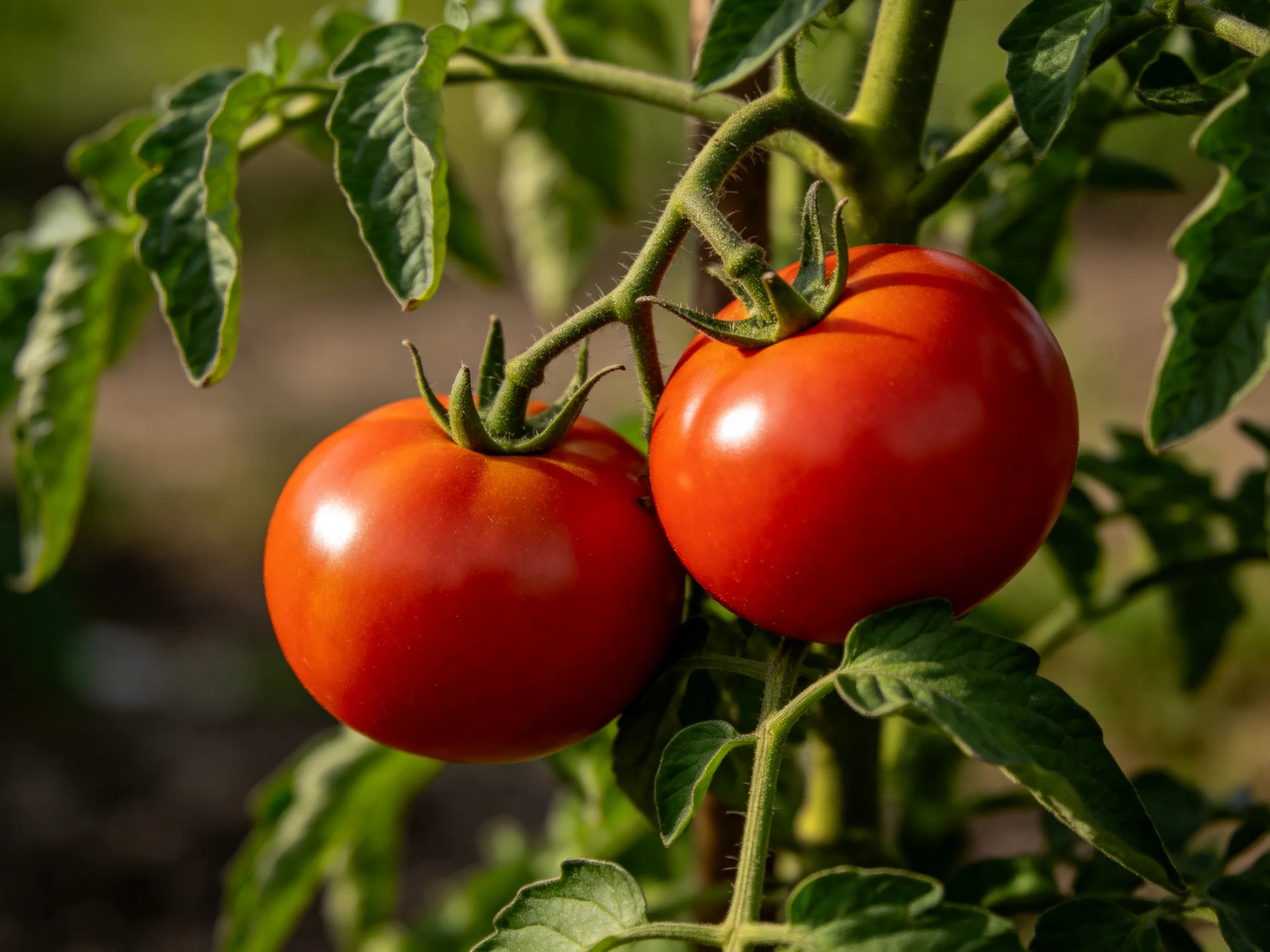 Two vibrant red tomatoes hang from a lush green vine.