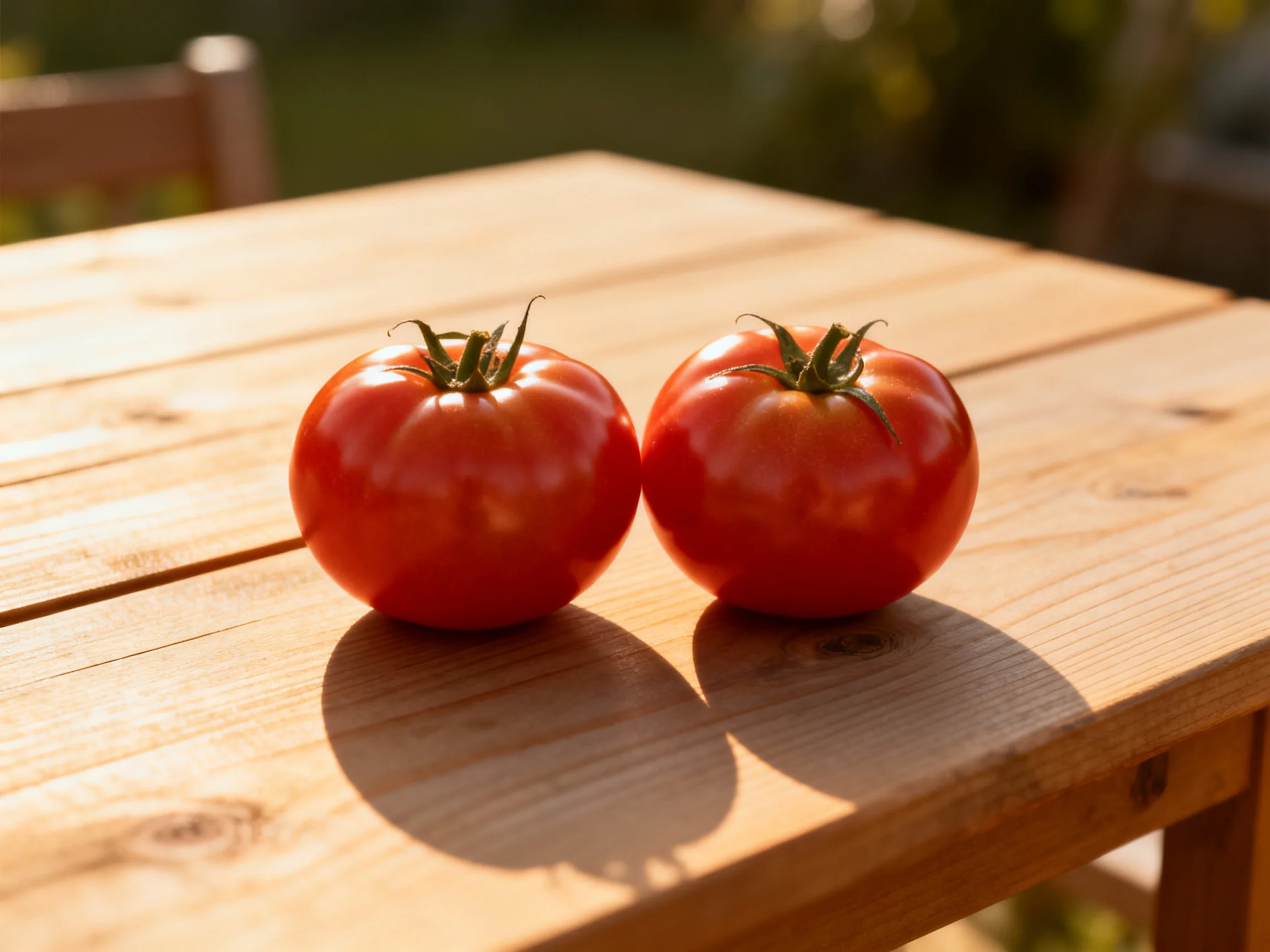Two vibrant red tomatoes rest on a sunlit wooden outdoor table