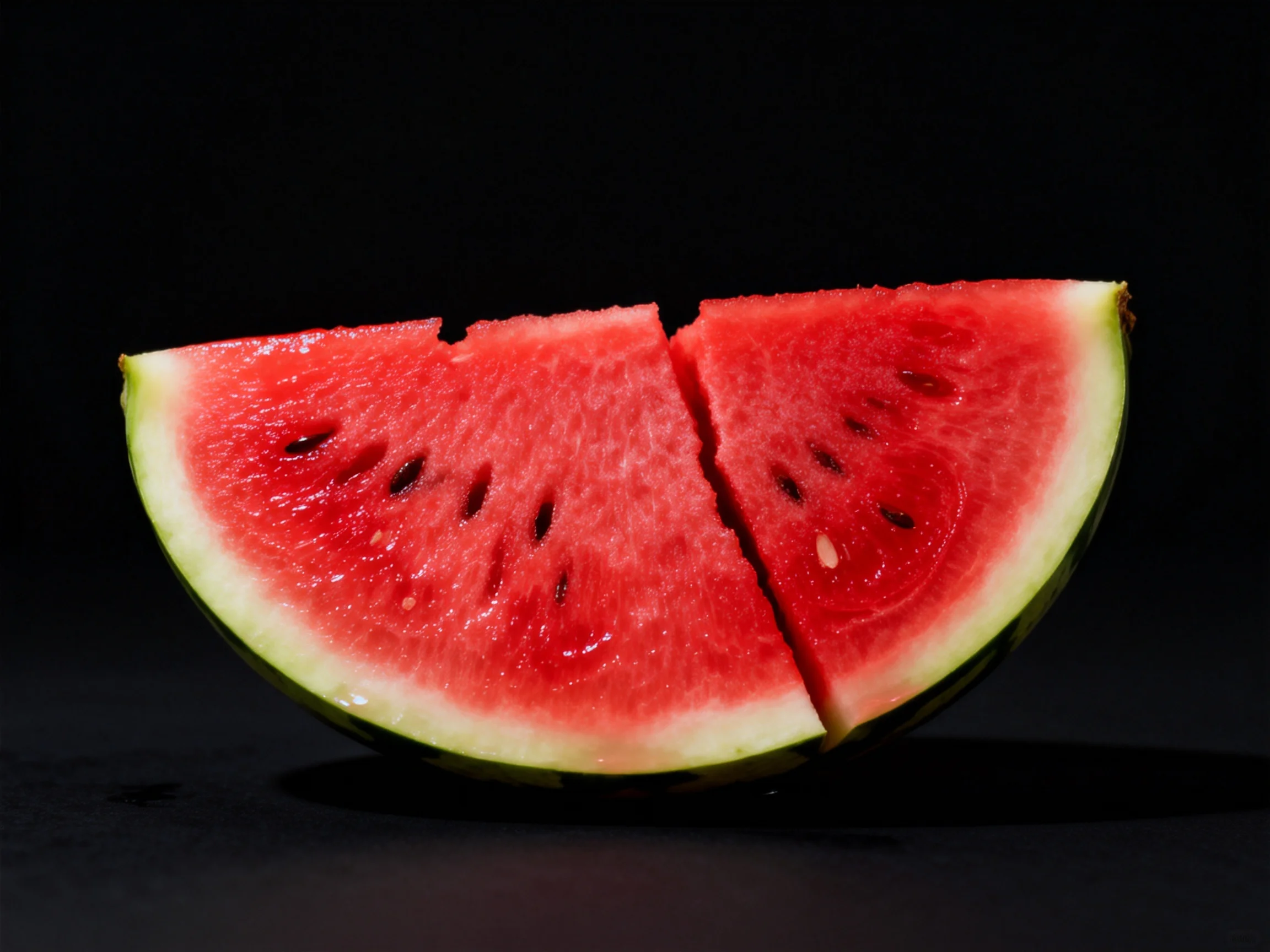 Two vibrant red watermelon slices with green rind