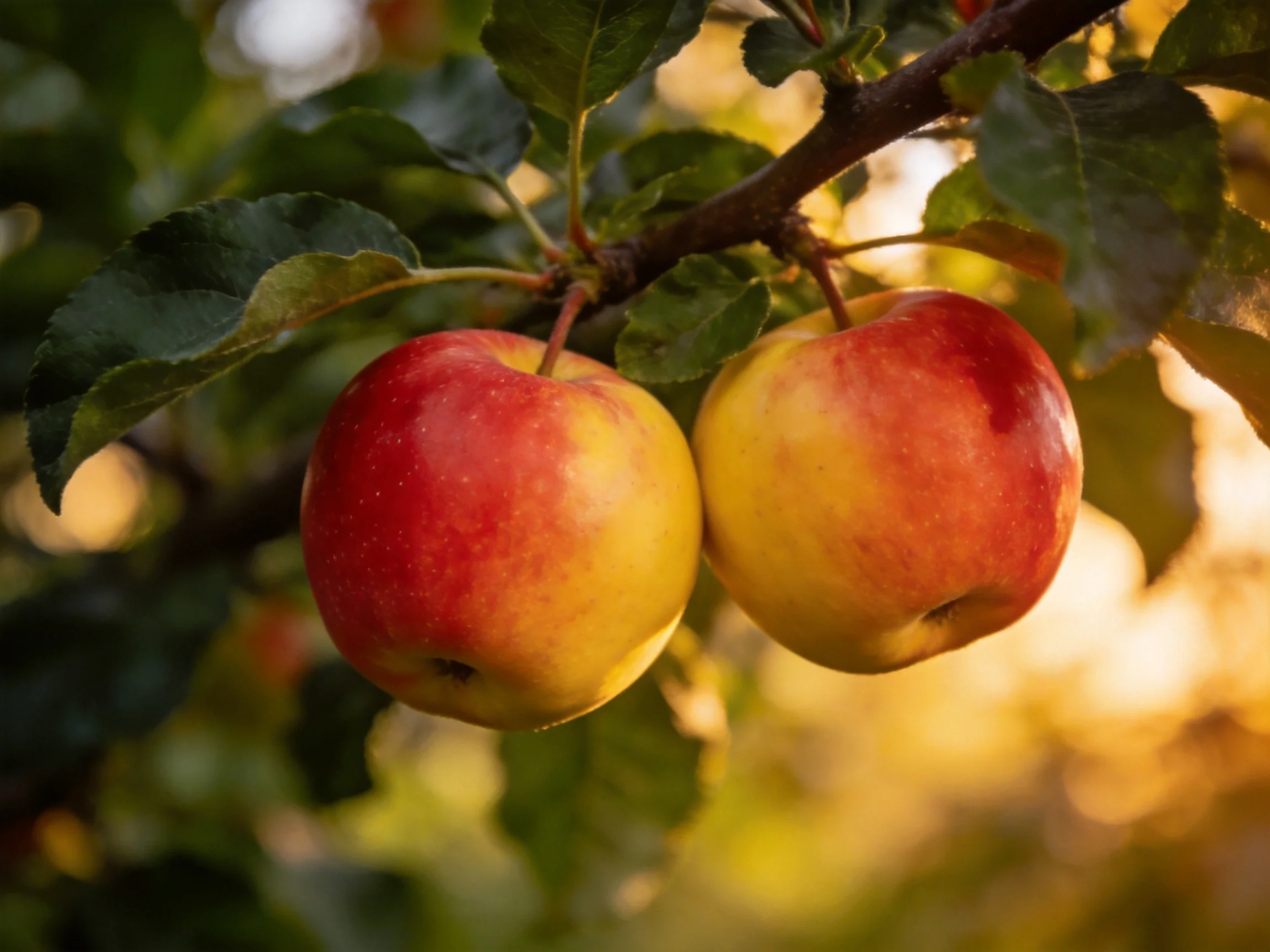 Two vibrant red-yellow apples hang from an apple tree branch