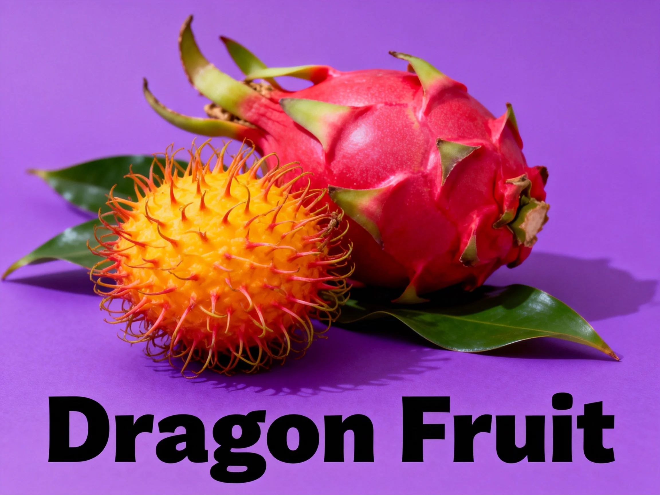 Two vibrant tropical fruits, including a red dragon fruit, on a purple backdrop