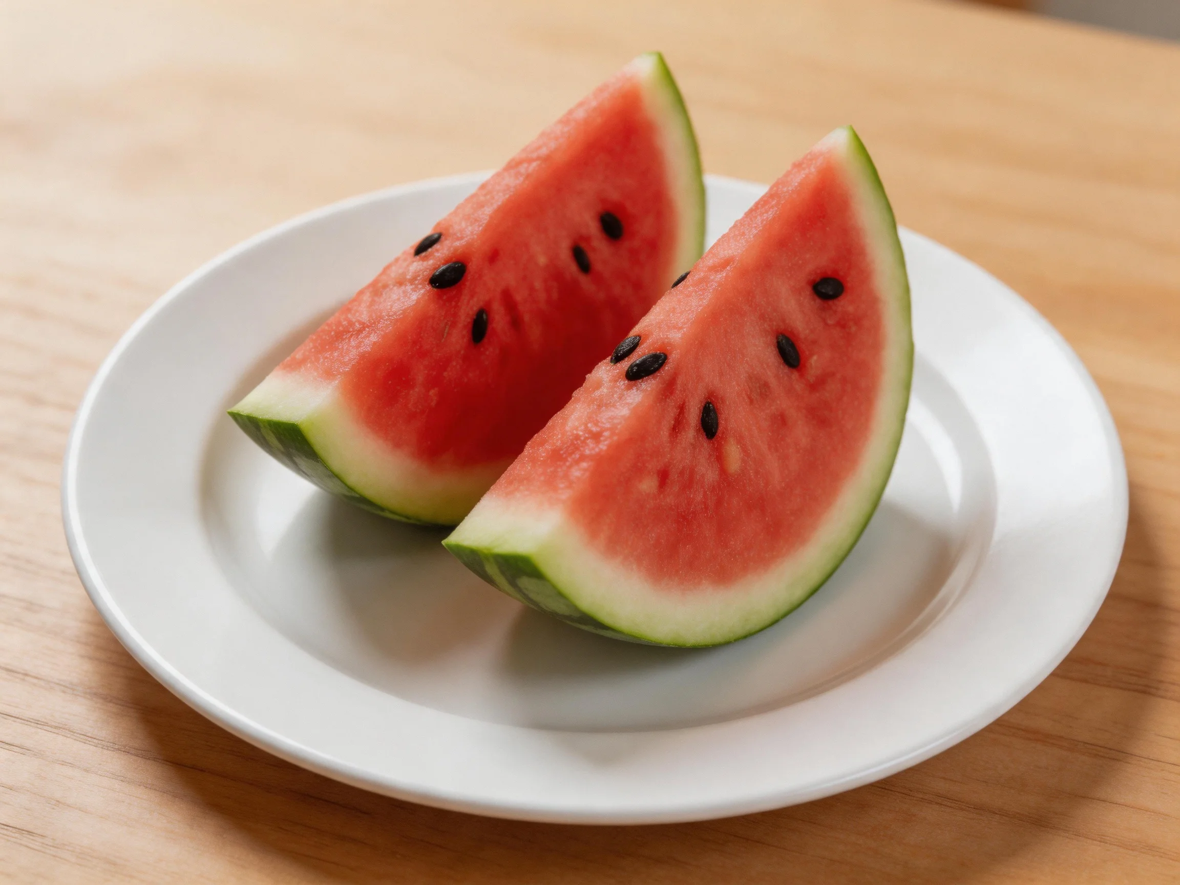 Two vibrant watermelon wedges with black seeds on a white plate