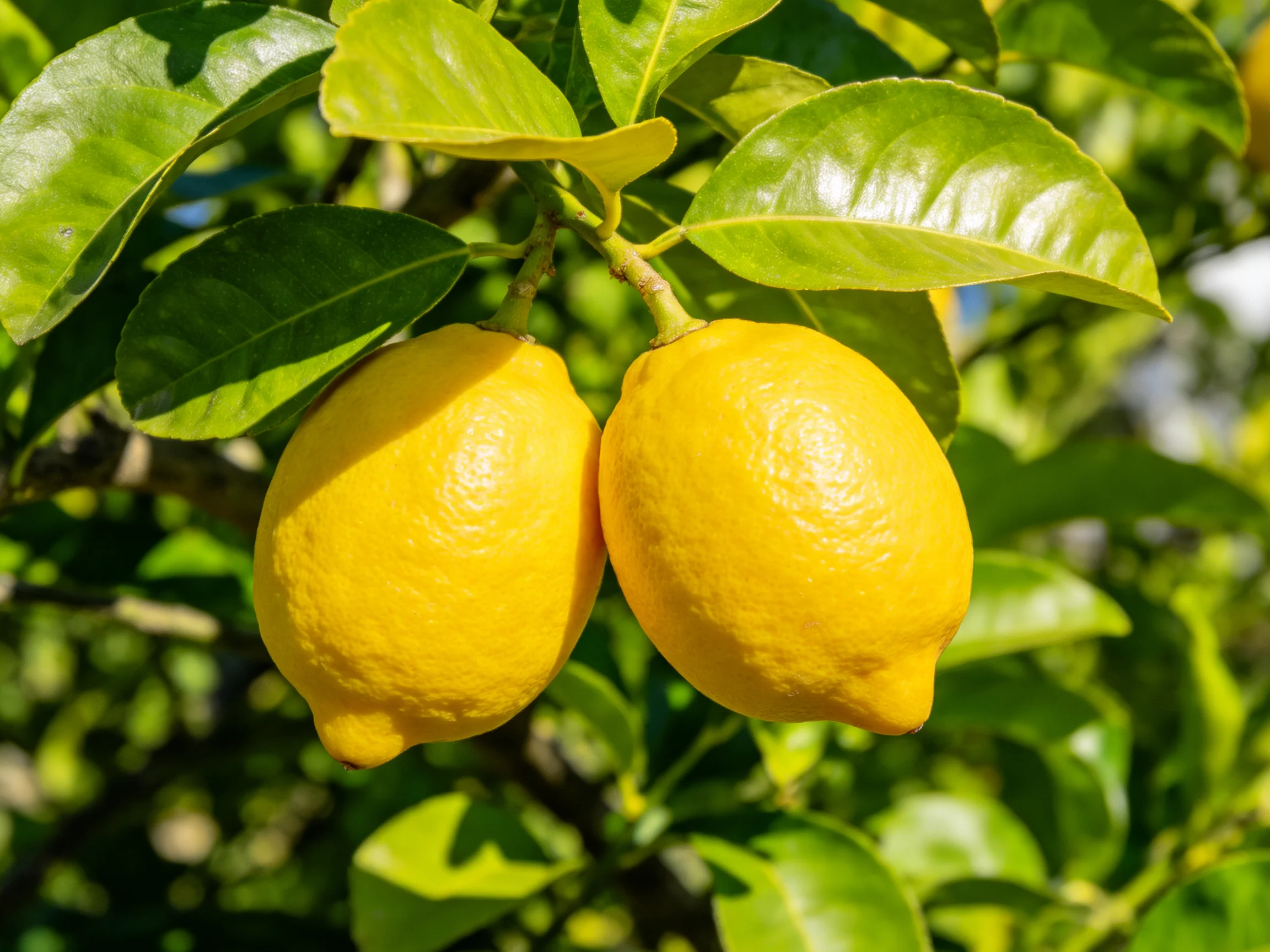 Two vibrant yellow lemons hang from a leafy lemon tree