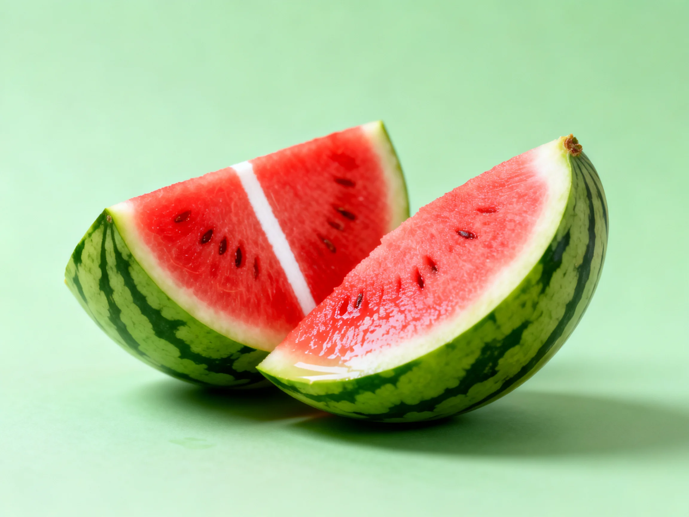 Two watermelon slices are arranged together on a light green surface.