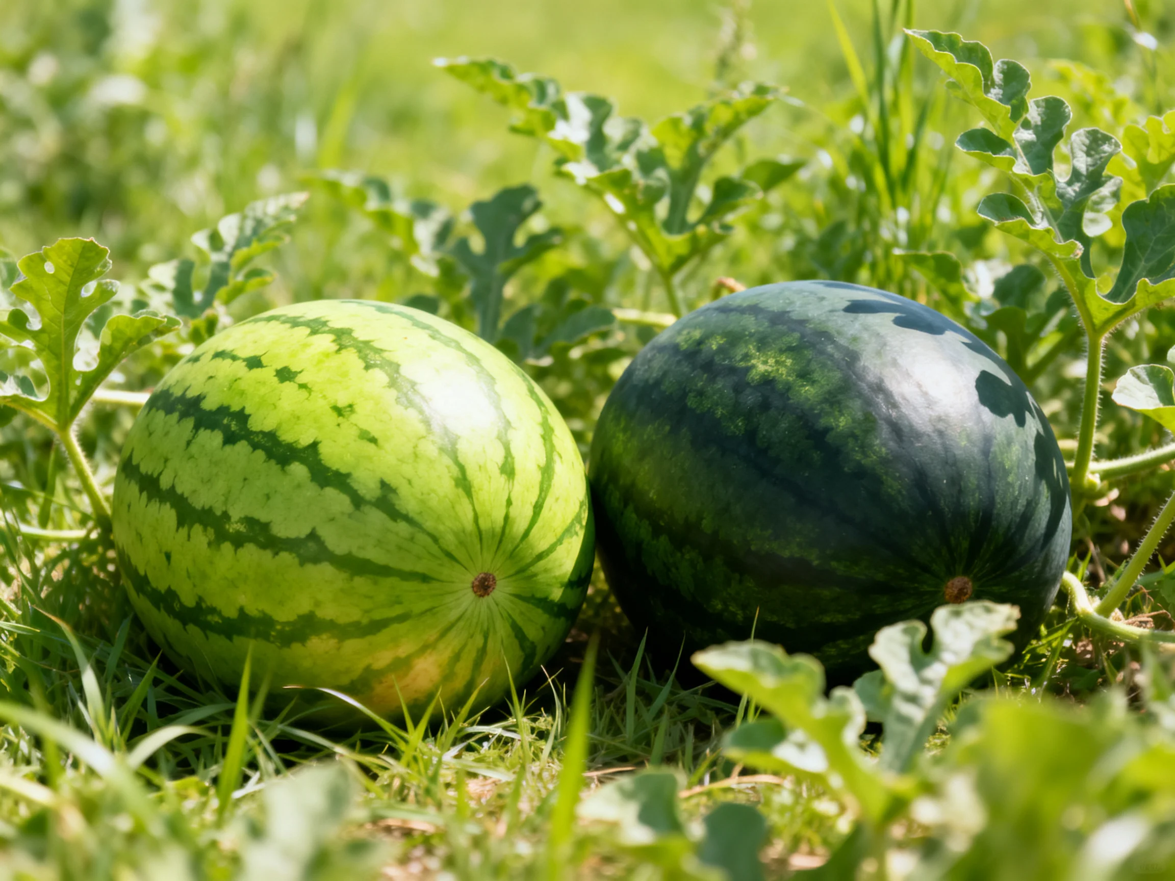 Two watermelons sit side by side in a grassy area with leaves.