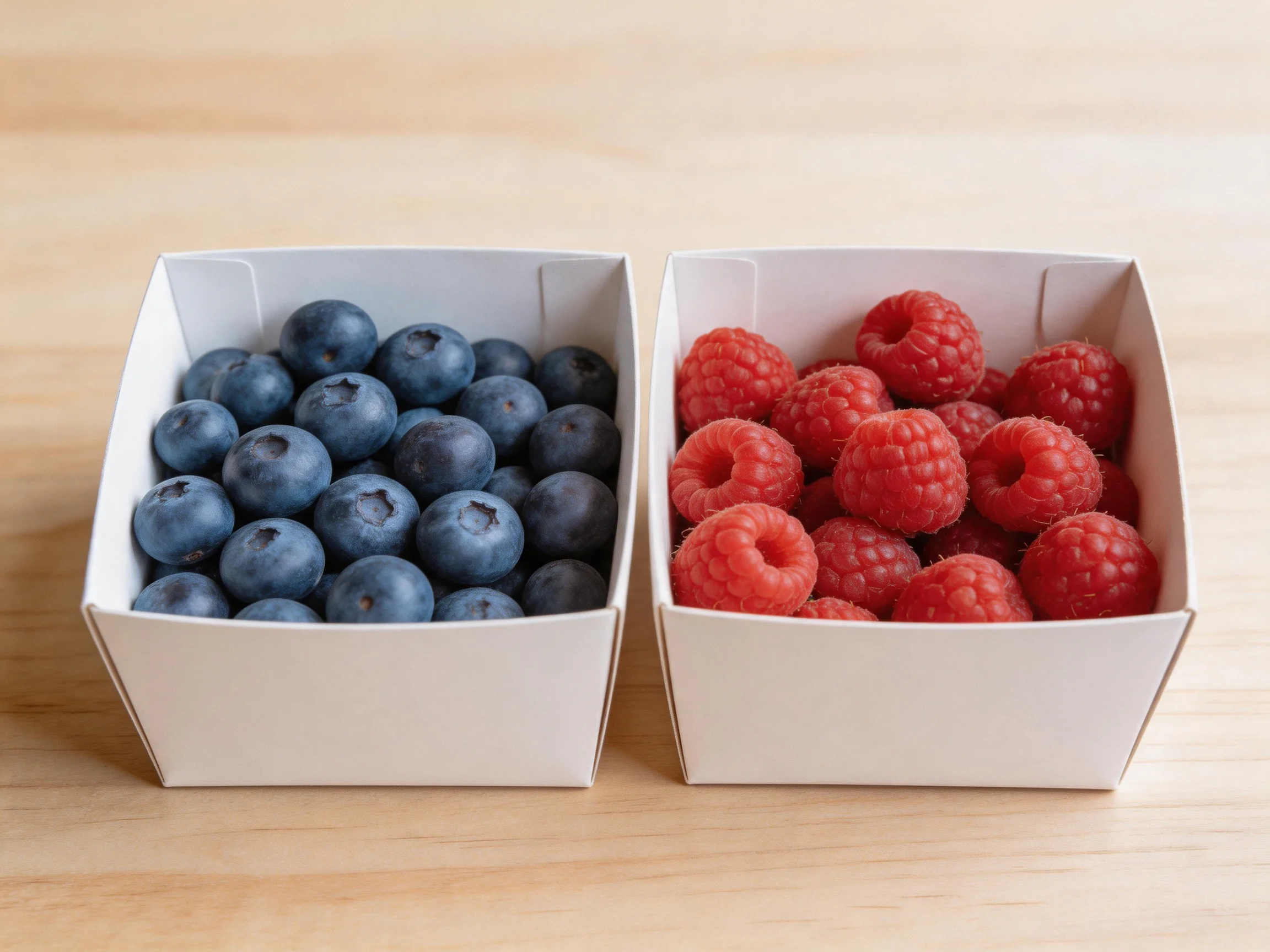 Two white containers display fresh blueberries and vibrant raspberries