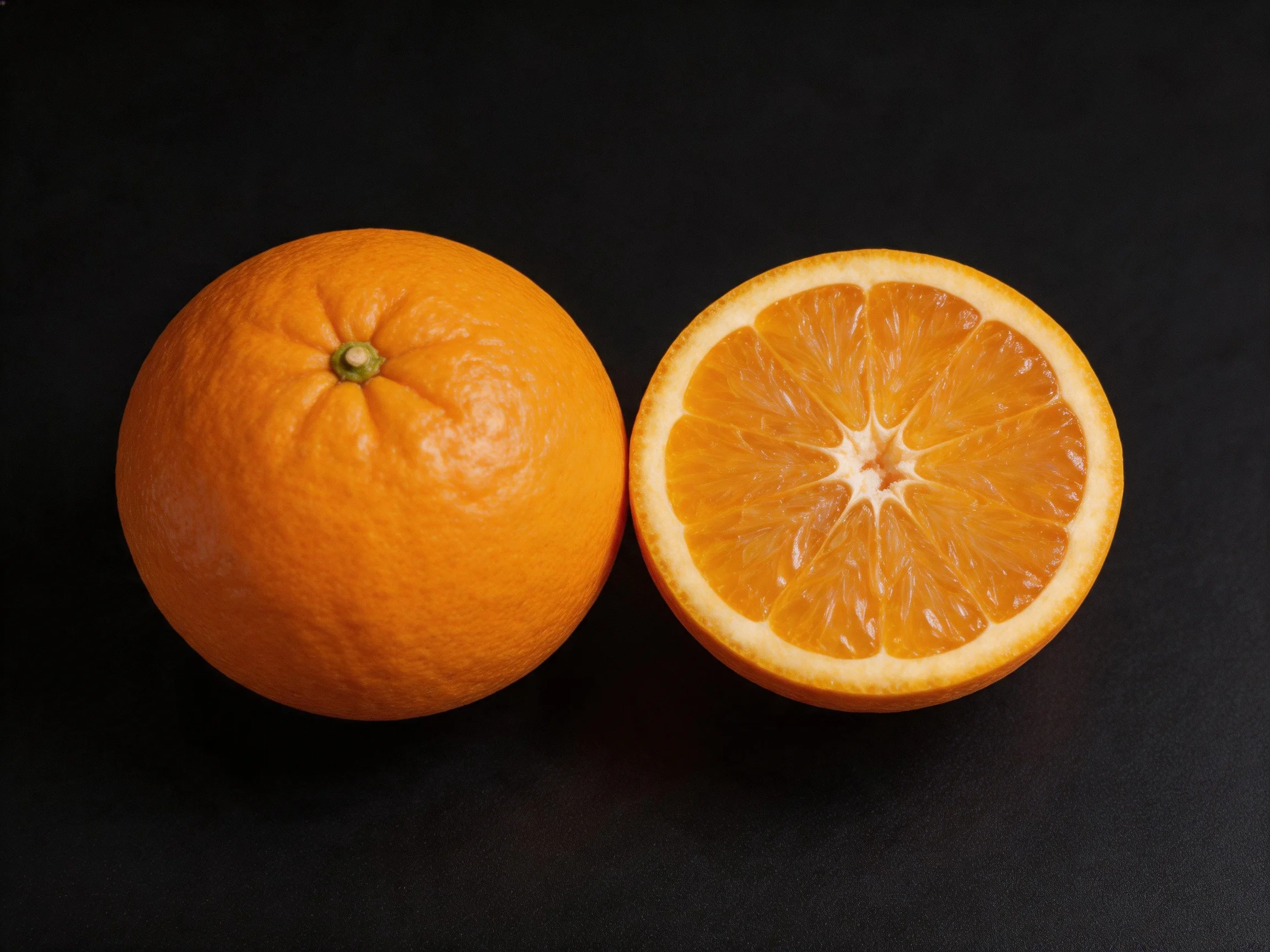 Two whole and halved oranges with bright orange hues