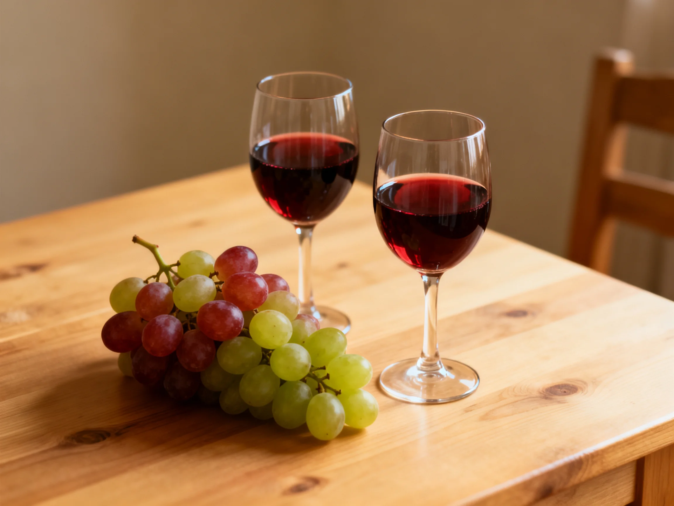 Two wine glasses filled with red wine sit next to a bunch of red and green grapes on a wooden table