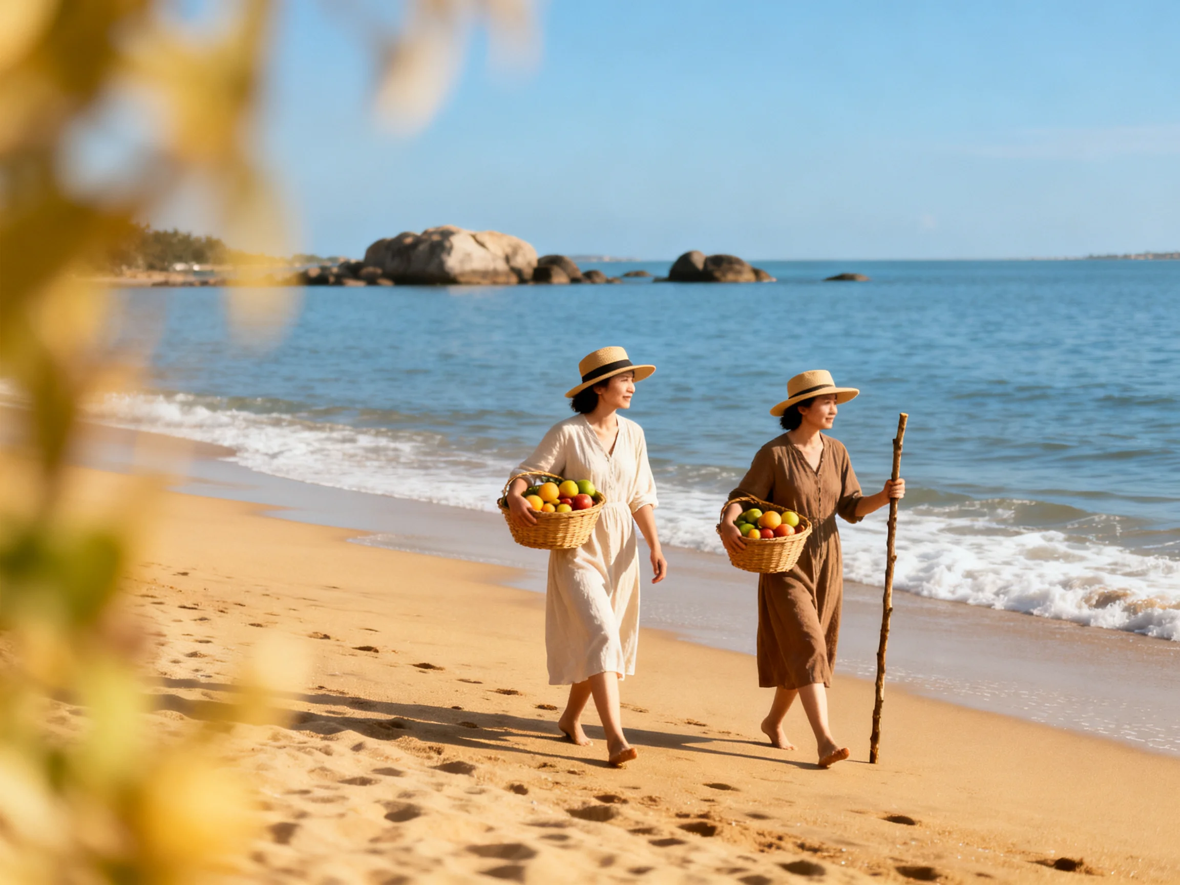 Two women walk along a sandy beach with fruit baskets and straw hats