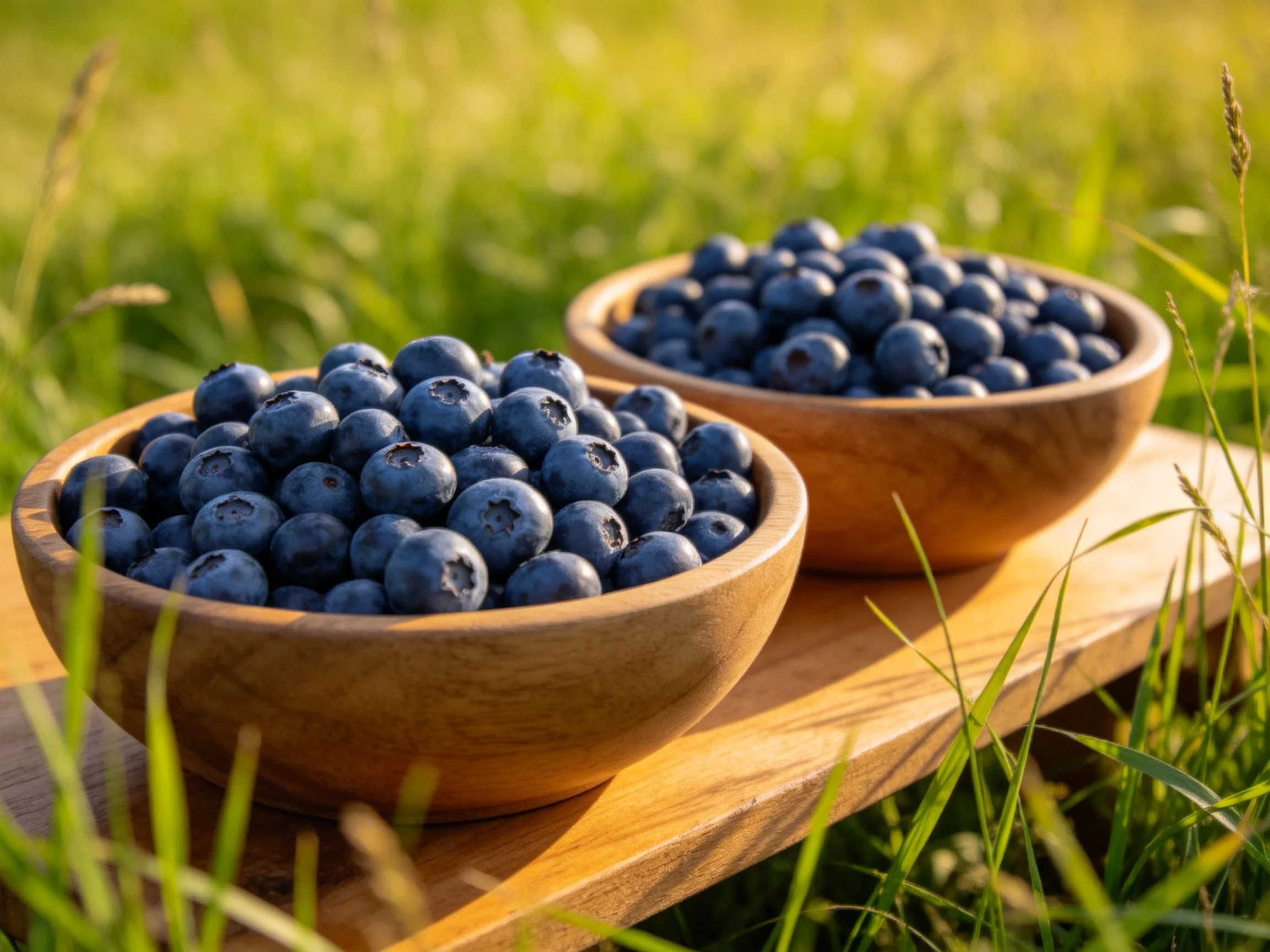 Two wooden bowls overflow with plump blueberries on a wooden board amid tall green grass