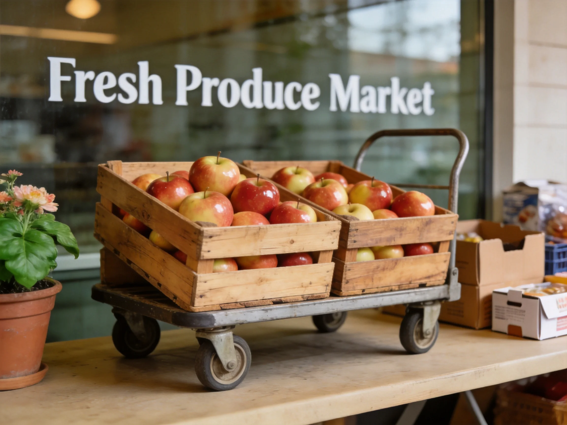 Two wooden crates of red-yellow apples on a metal cart near a market sign