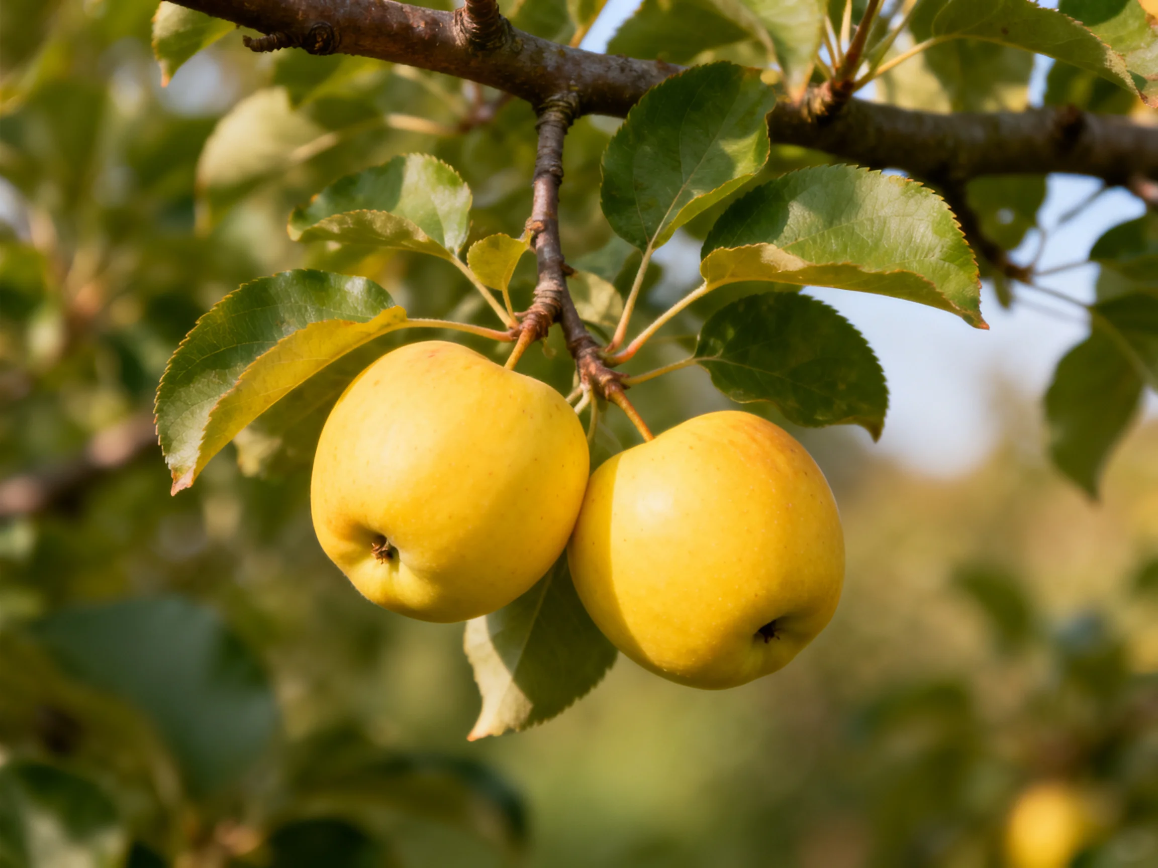 Two yellow apples hang from a tree branch with green leaves