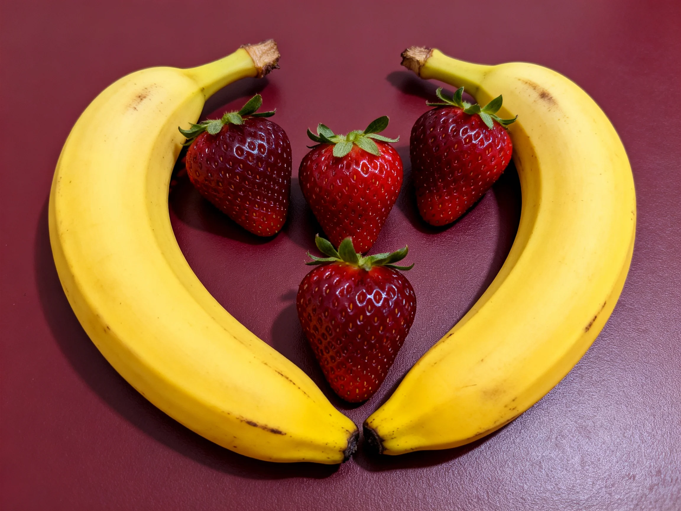 Two yellow bananas and four red strawberries form a heart shape