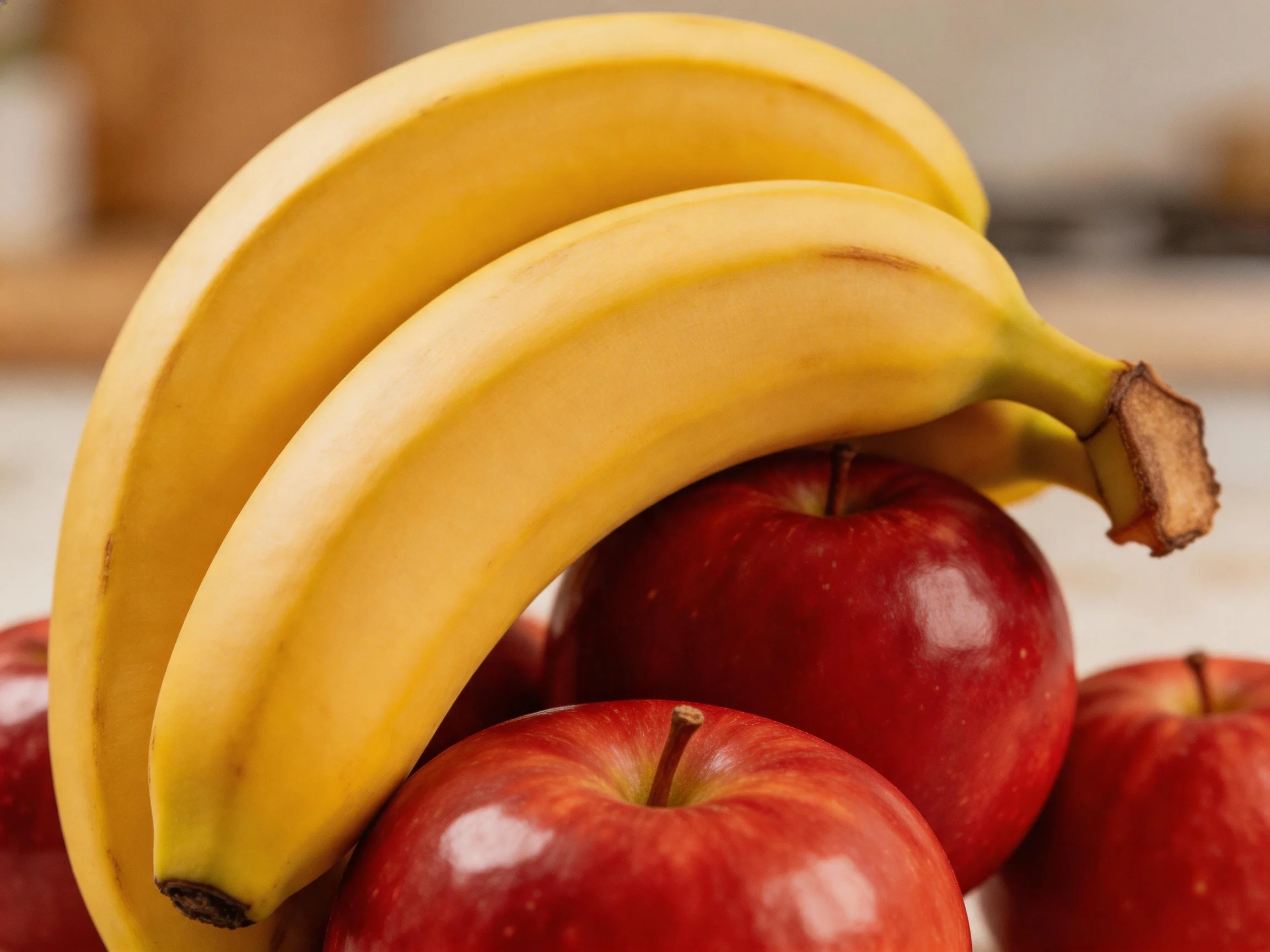 Two yellow bananas rest on glossy red apples