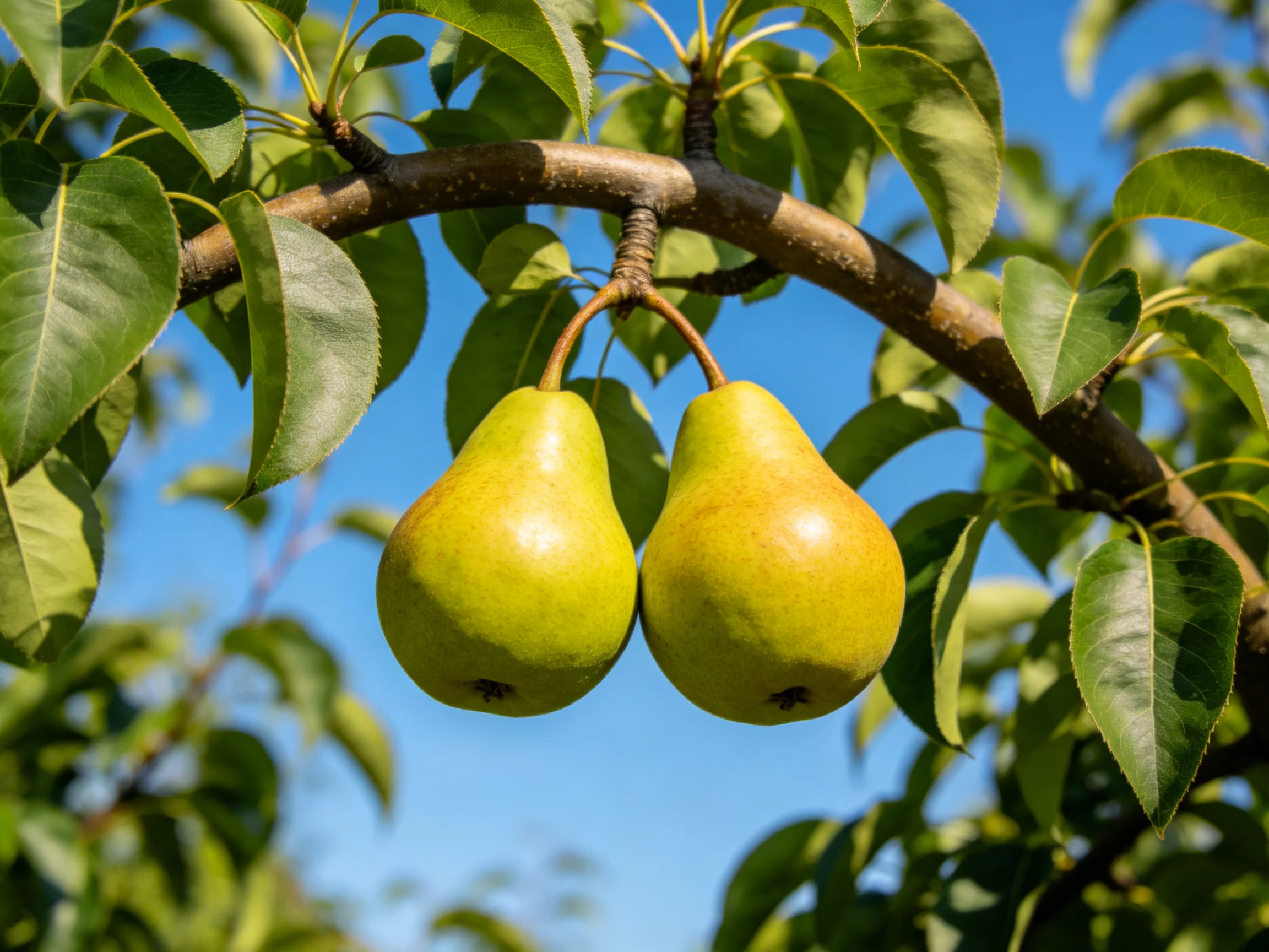 Two yellow-green pears dangle from a curved tree branch with green leaves