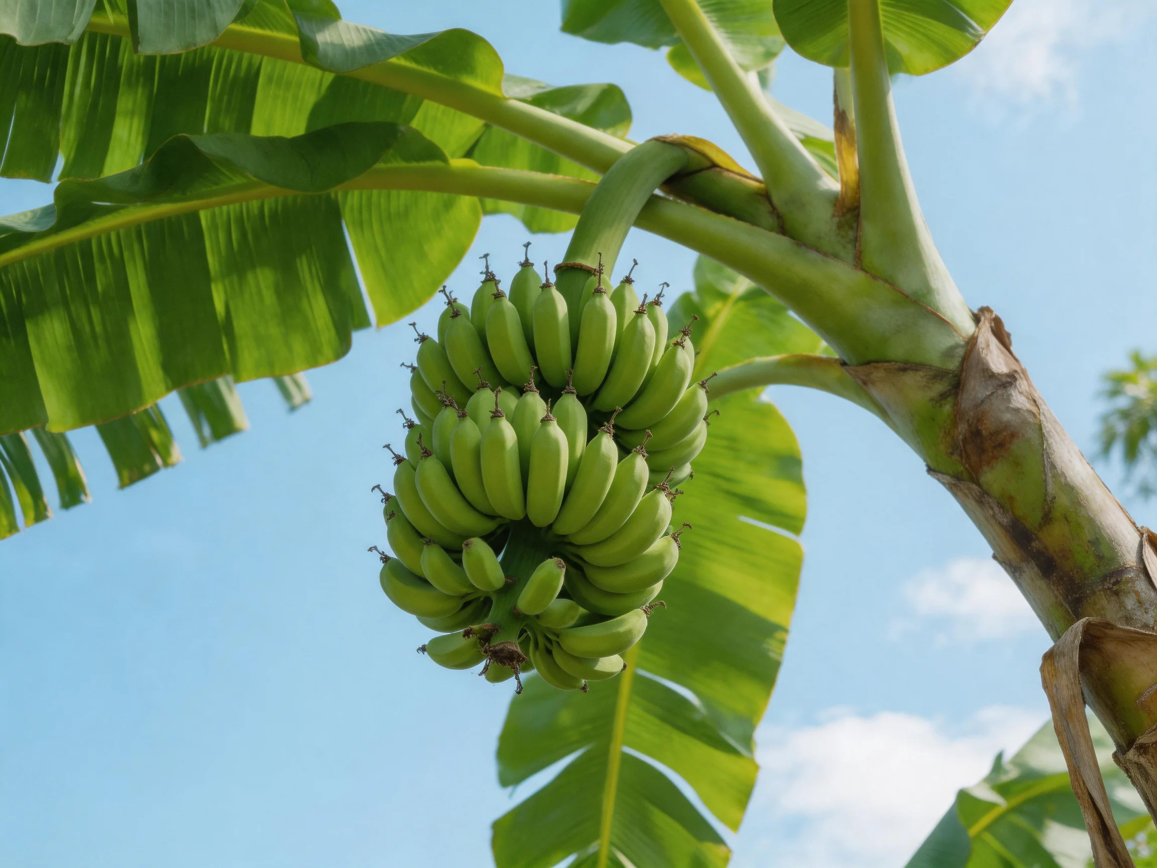 Unripe green bananas cluster on a banana plant with broad leaves