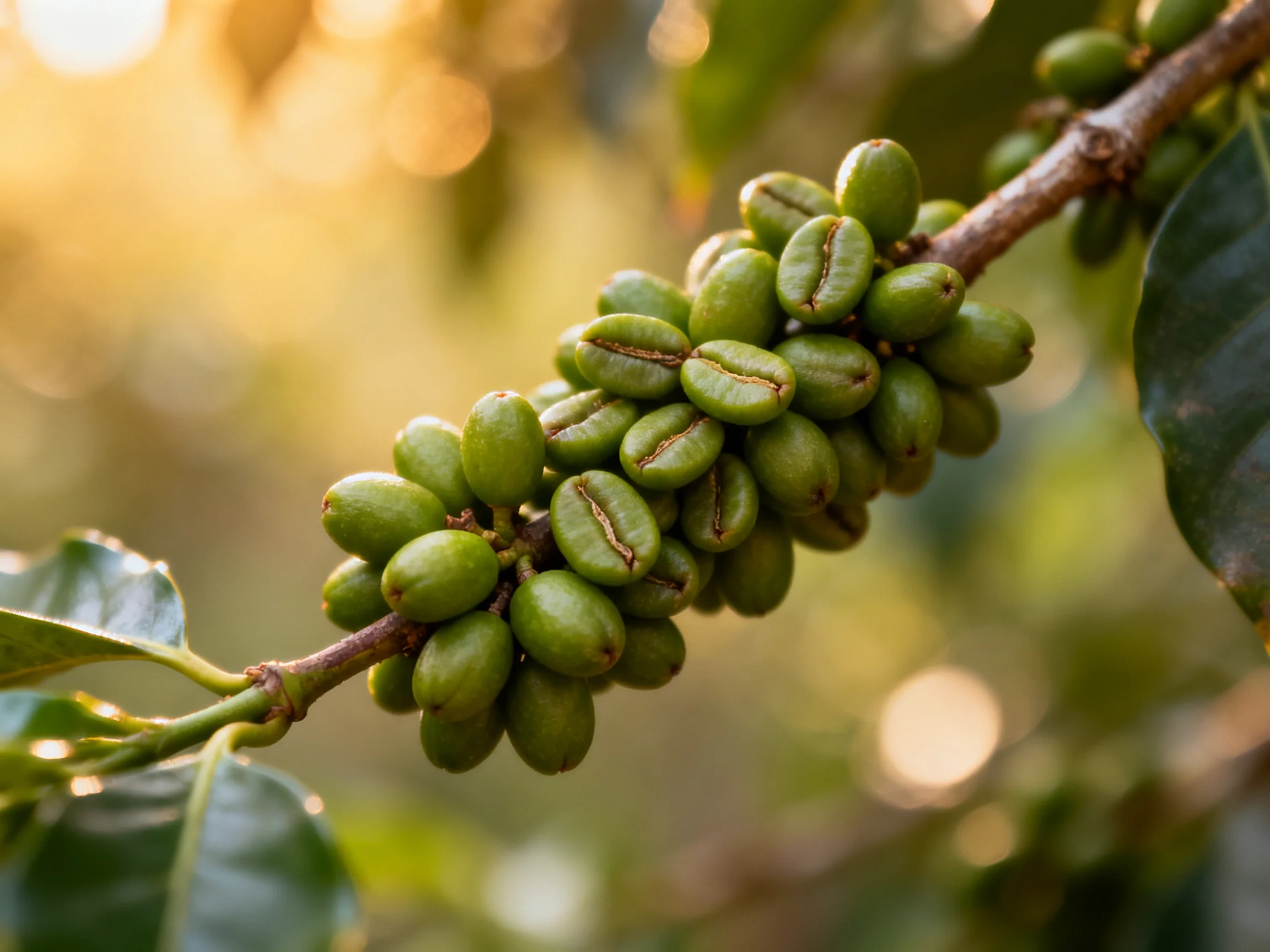 Unripe green coffee cherries clustered on a tree branch in golden light