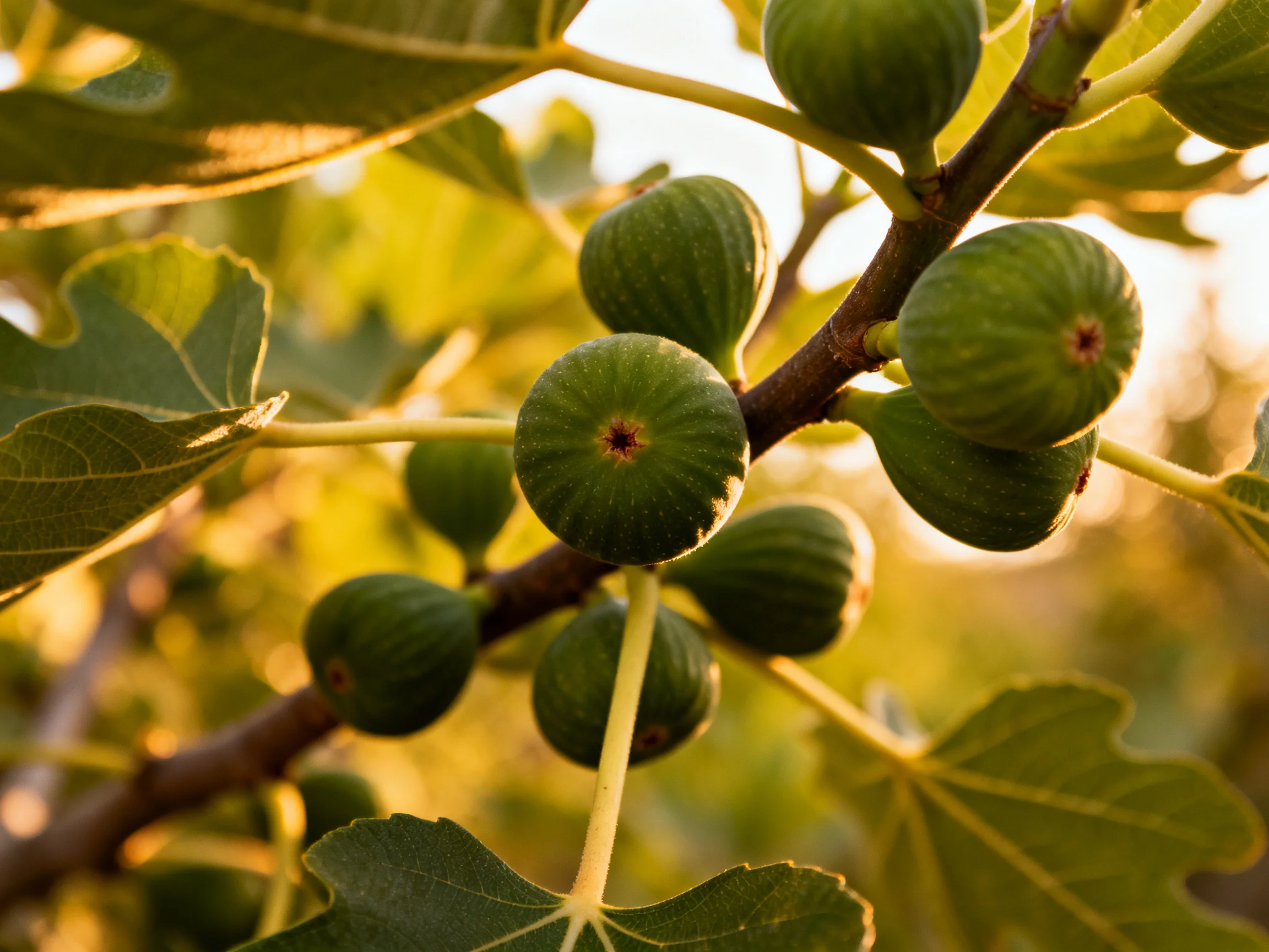 Unripe green figs cluster on a branch with large leaves in golden light