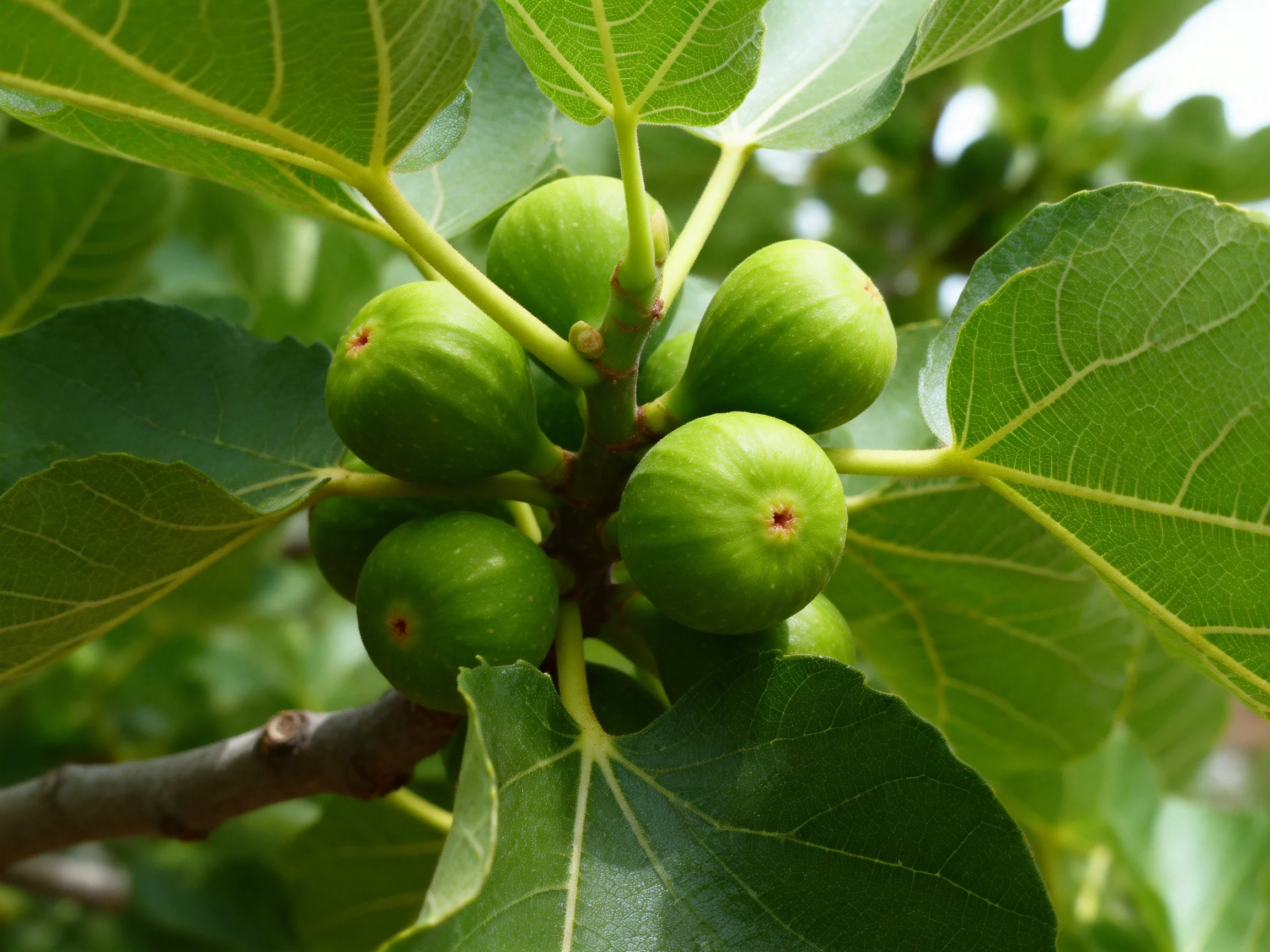 Unripe green figs clustered among large green leaves