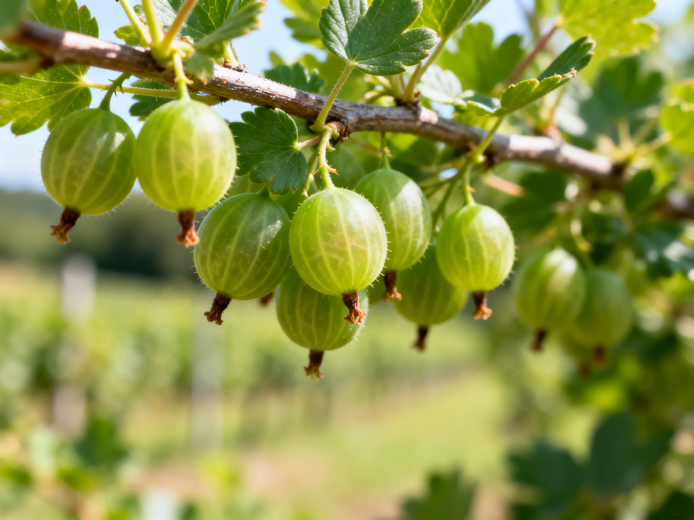 Unripe green gooseberries clustered on a leafy branch in bright daylight
